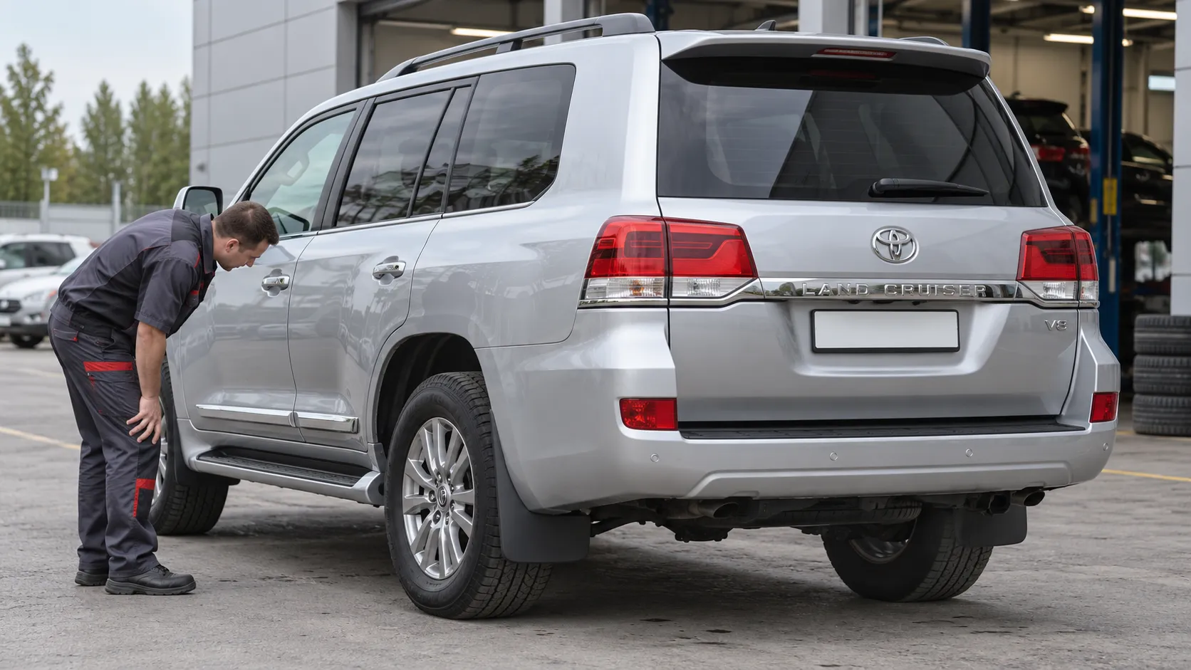Мастер осматривает высоту кузова Toyota Land Cruiser 200 на ровной площадке
