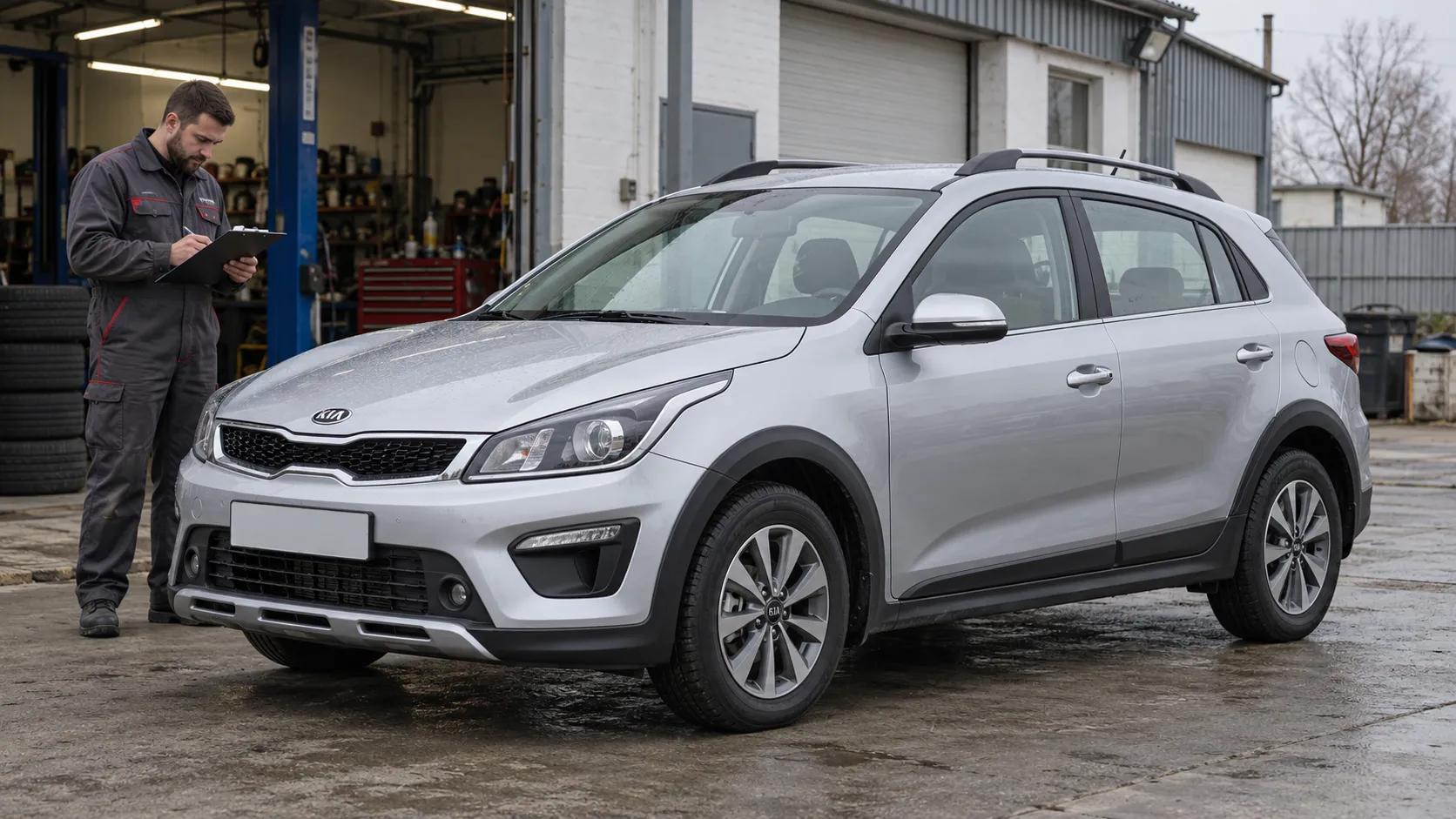 Kia Rio X-Line на ровной площадке у мастерской