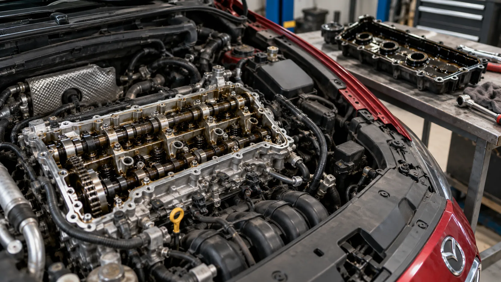 Осмотр клапанного механизма двигателя Mazda