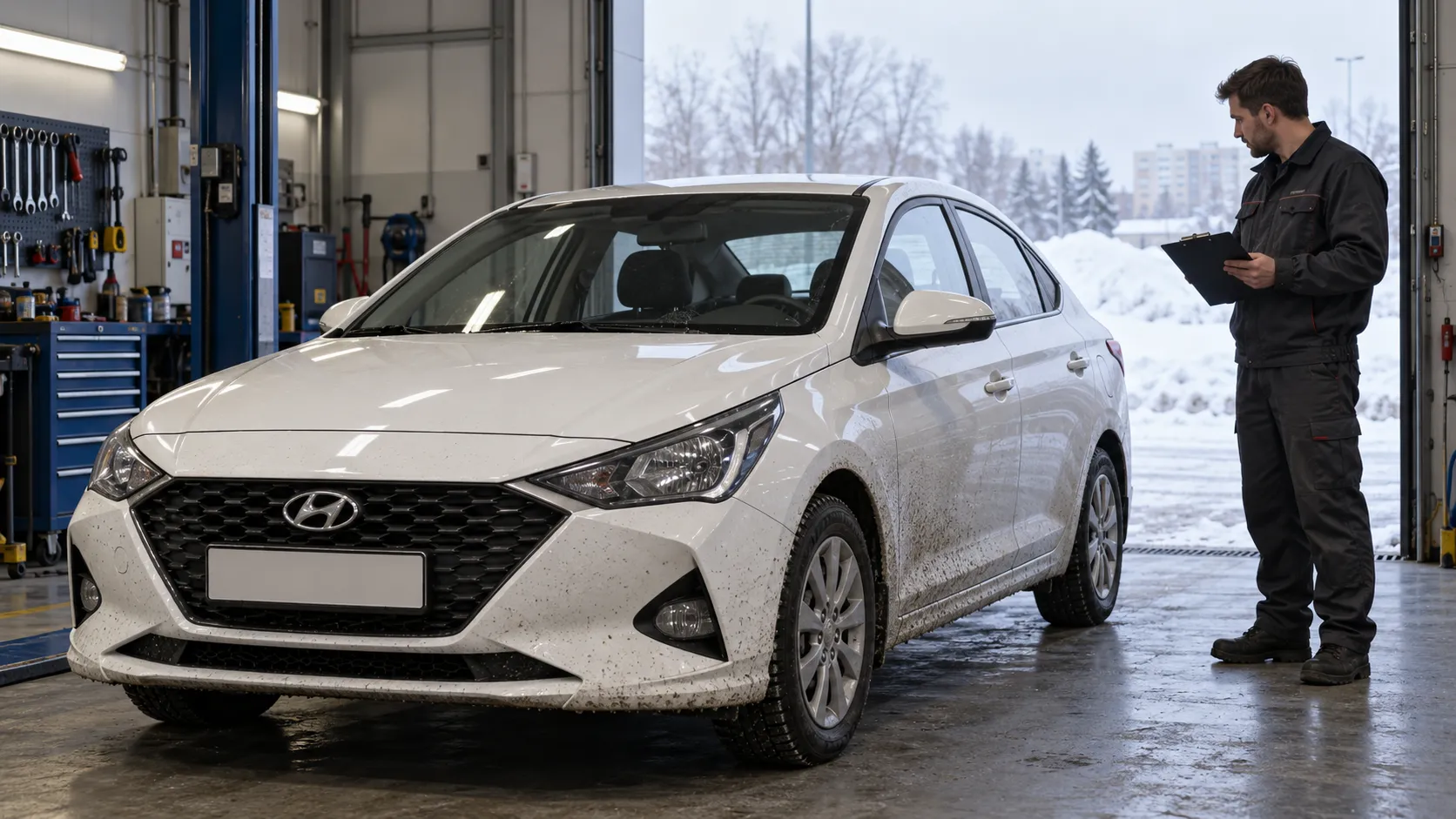 Hyundai Solaris второго поколения у сервисного поста зимой