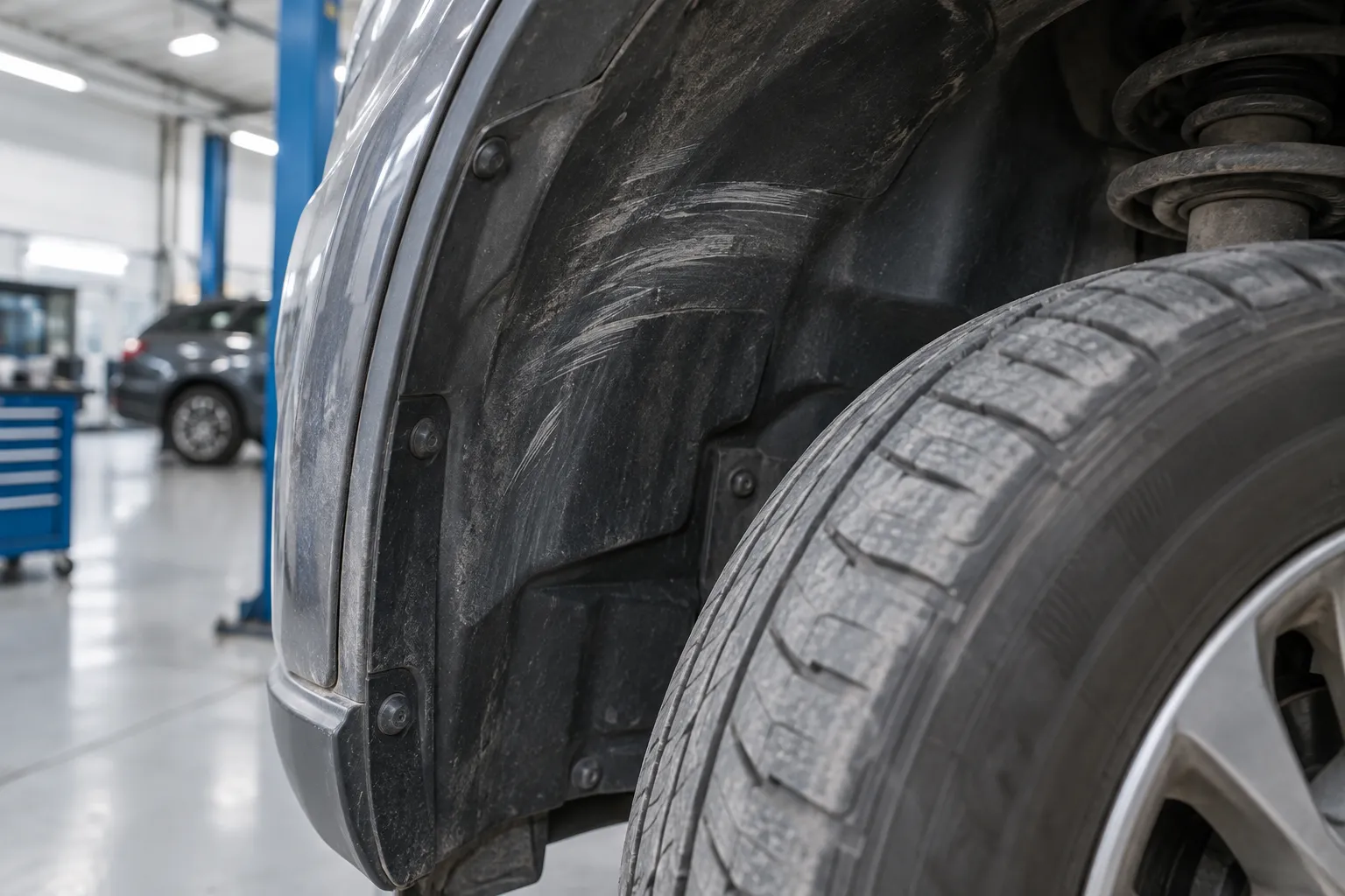 Следы контакта на внутреннем подкрылке рядом с автомобильной шиной