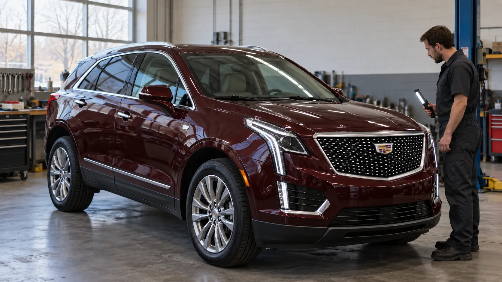Cadillac XT5 после рестайлинга в мастерской перед проверкой источника течи масла