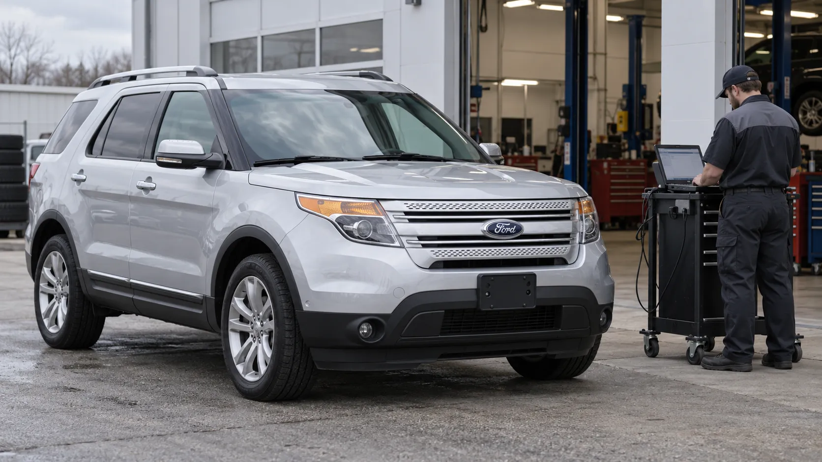 Ford Explorer 2012 года и мастер с диагностическим ноутбуком возле сервисного бокса