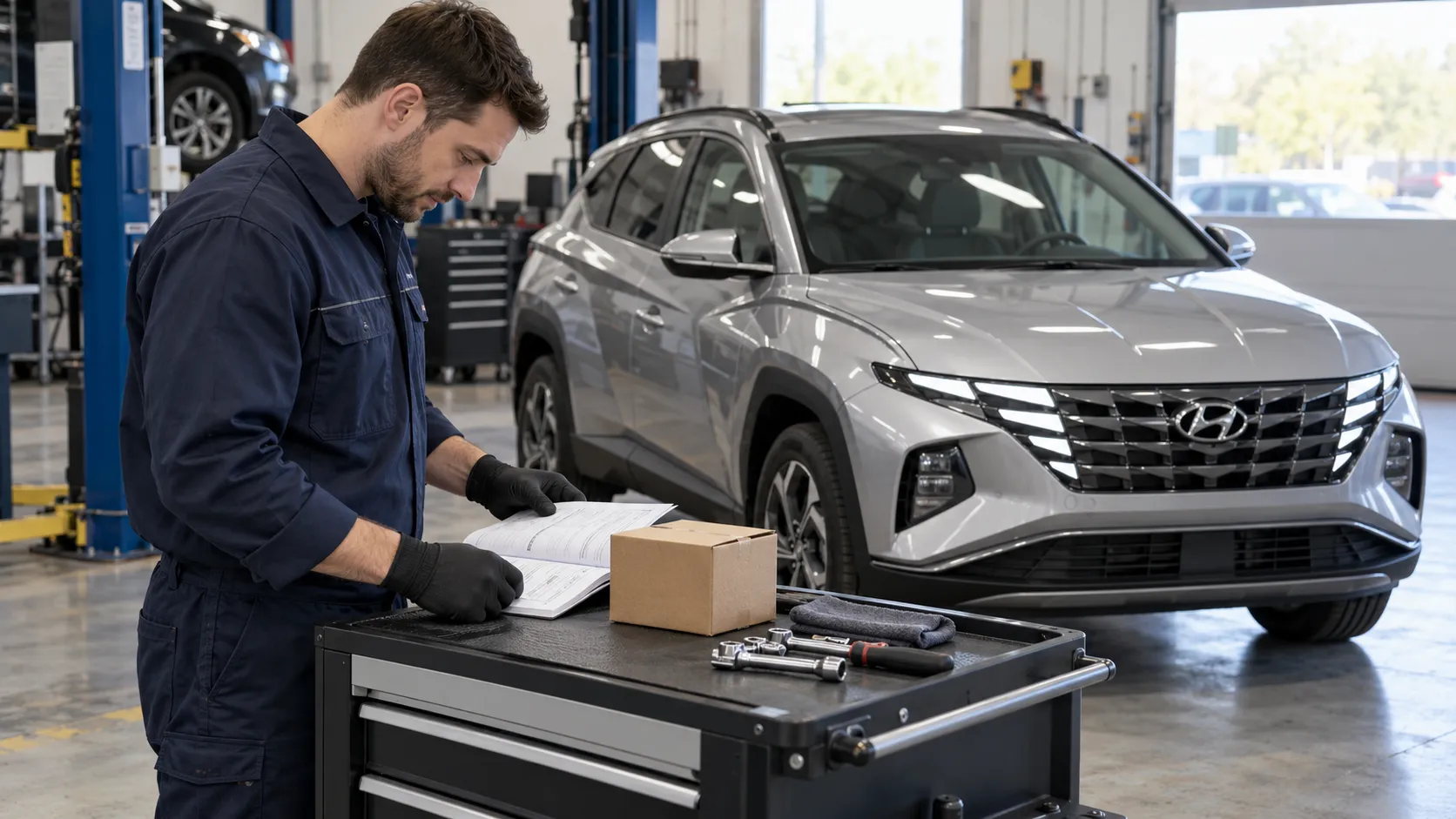 Механик сверяет документацию перед обслуживанием Hyundai Tucson NX4