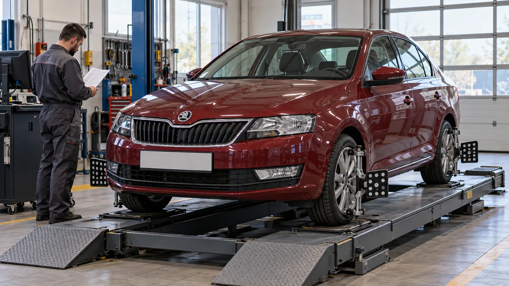 Skoda Rapid NH на стенде проверки геометрии колёс