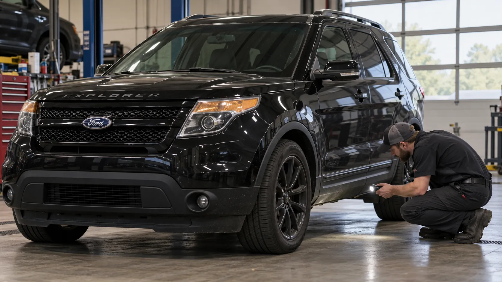 Осмотр нижней части Ford Explorer Sport пятого поколения с фонарём