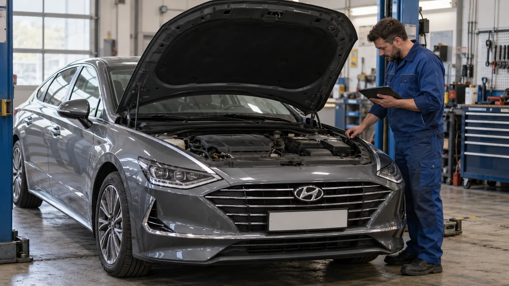 Hyundai Sonata DN8 с открытым капотом и механик с планшетом