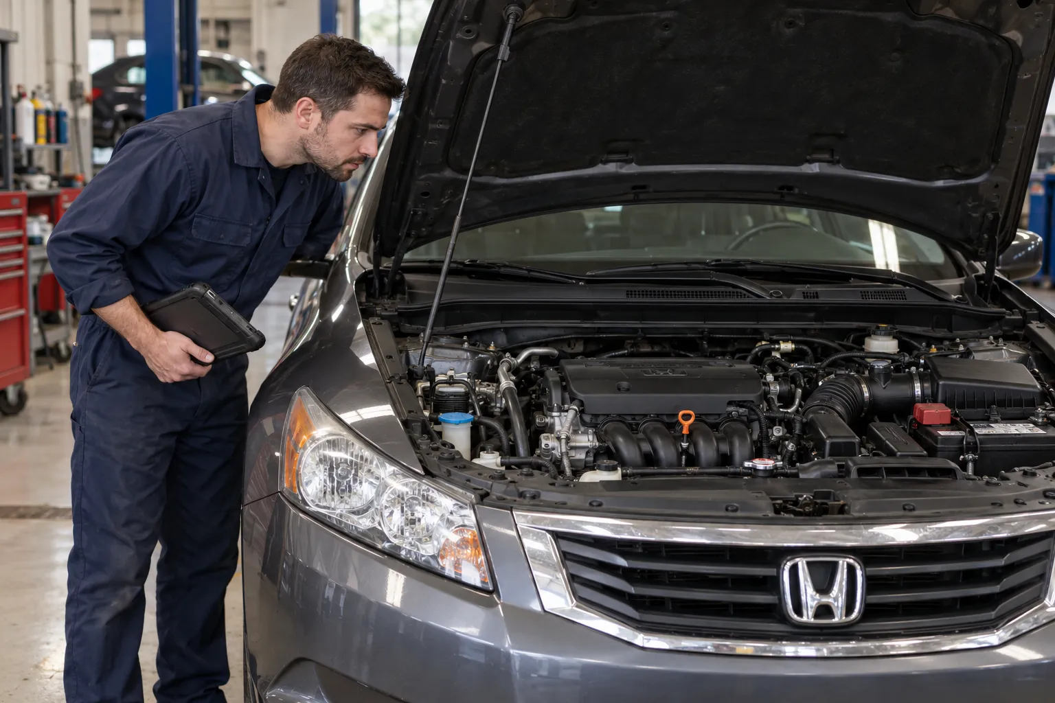 Механик проверяет шум двигателя Honda Accord с открытым капотом