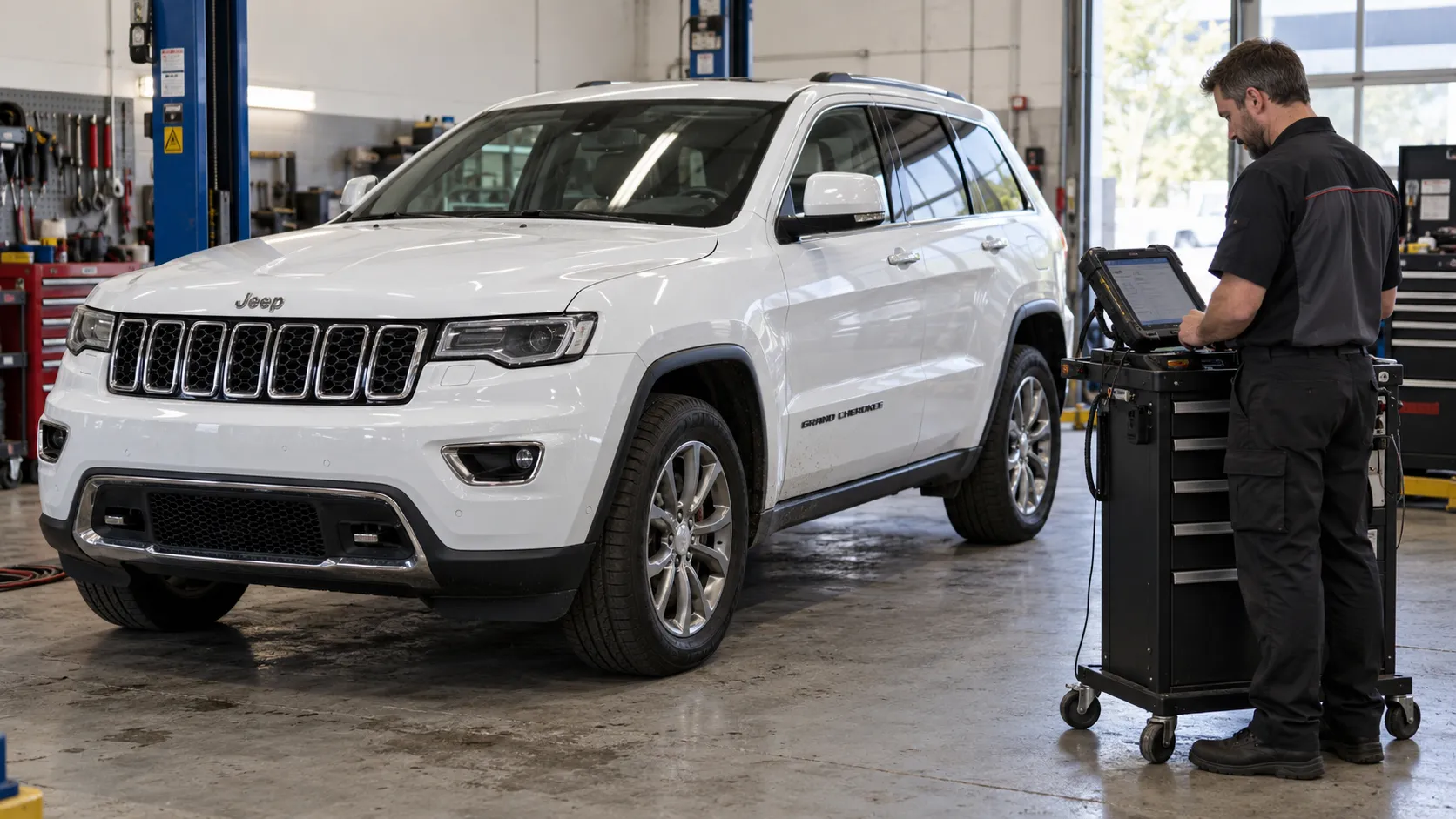 Специалист проверяет диагностические данные Jeep Grand Cherokee WK2 на сервисном посту