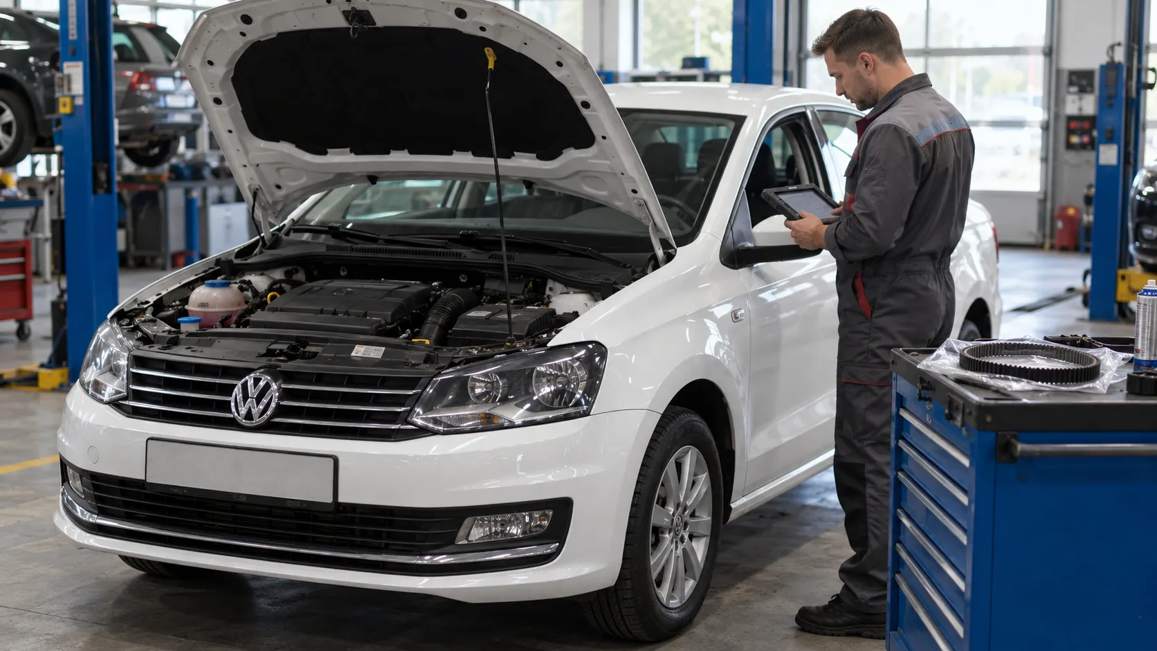 Volkswagen Polo седан на сервисном посту при проверке привода ГРМ