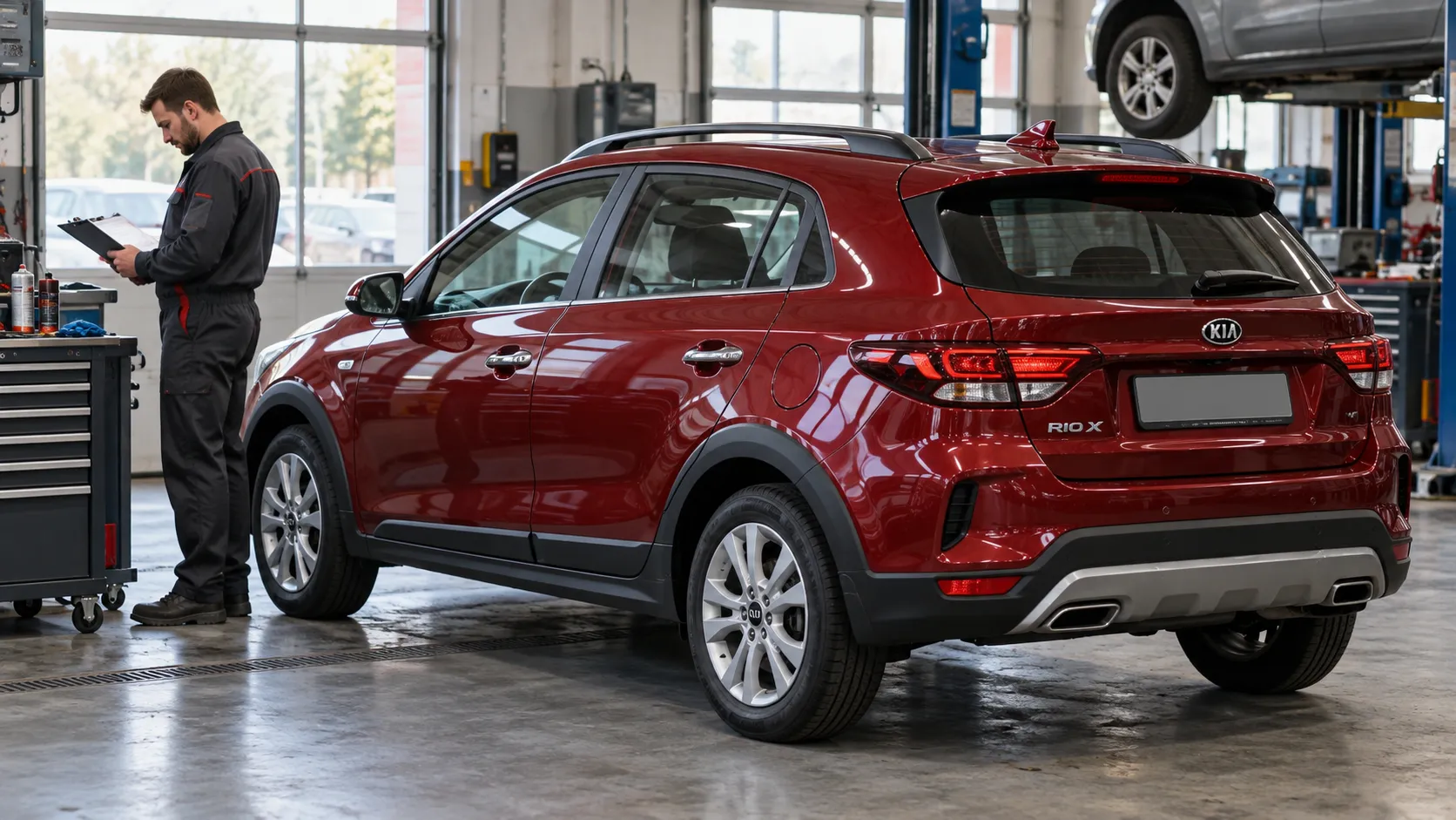 Kia Rio X и механик с планом обслуживания двигателя
