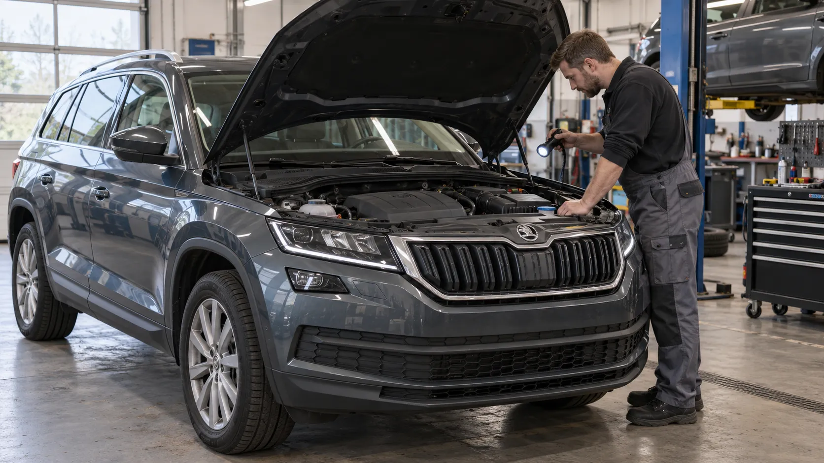 Осмотр моторного отсека Škoda Kodiaq первого поколения в мастерской