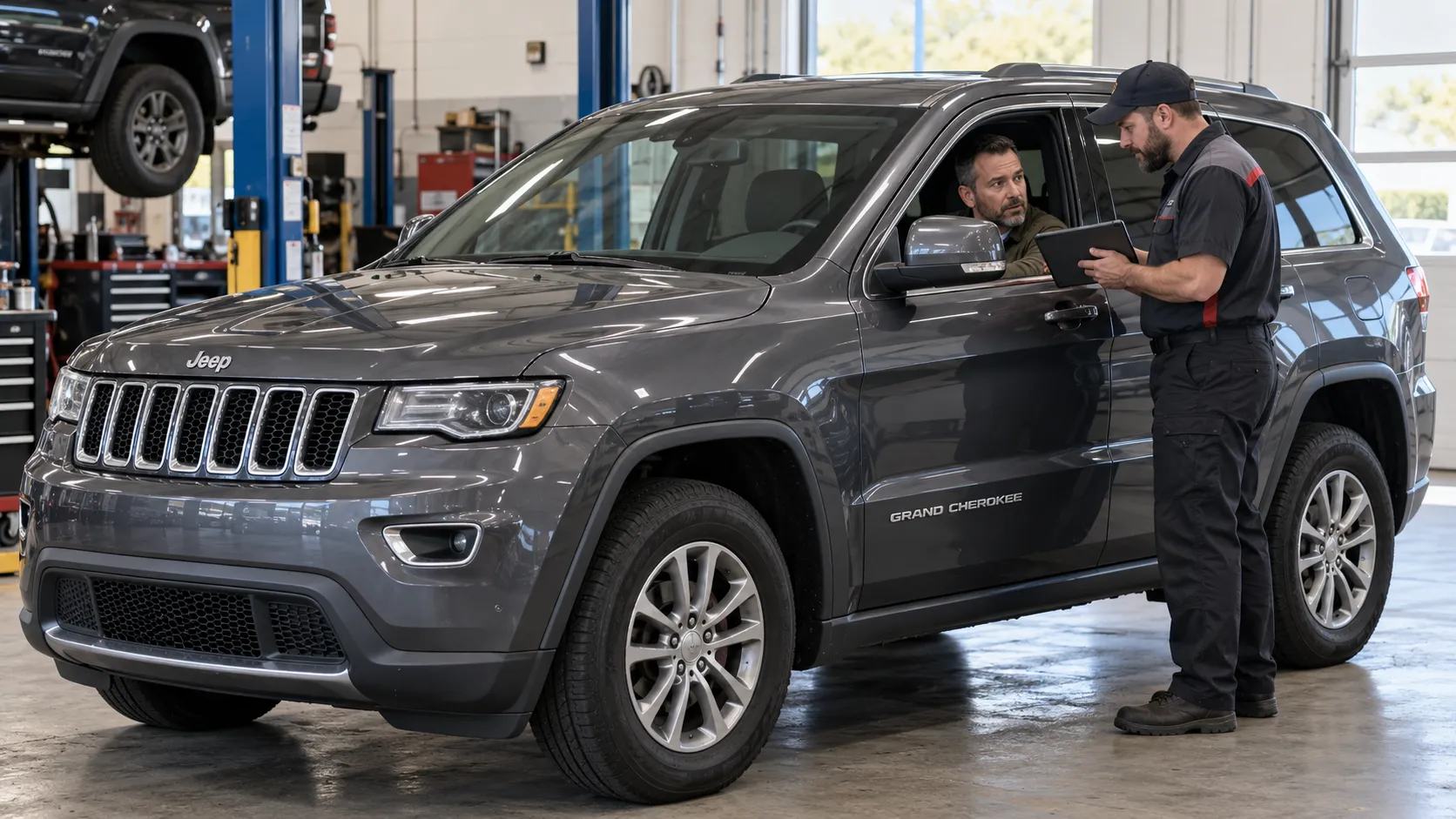 Механик с планшетом обсуждает диагностику АКПП с водителем серого Jeep Grand Cherokee WK2 в сервисе