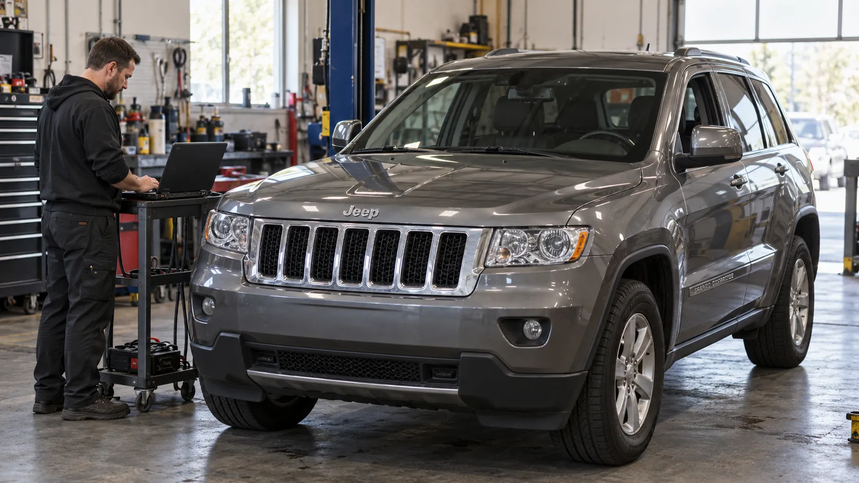 Мастер изучает диагностические данные на ноутбуке рядом с ранним Jeep Grand Cherokee WK2