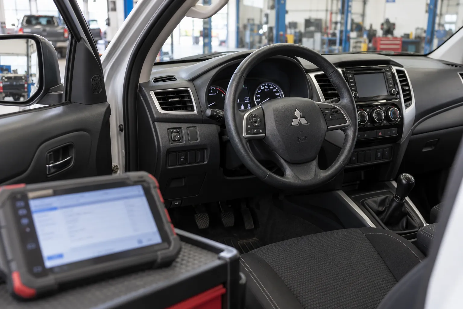Руль Mitsubishi L200 и диагностический прибор в мастерской