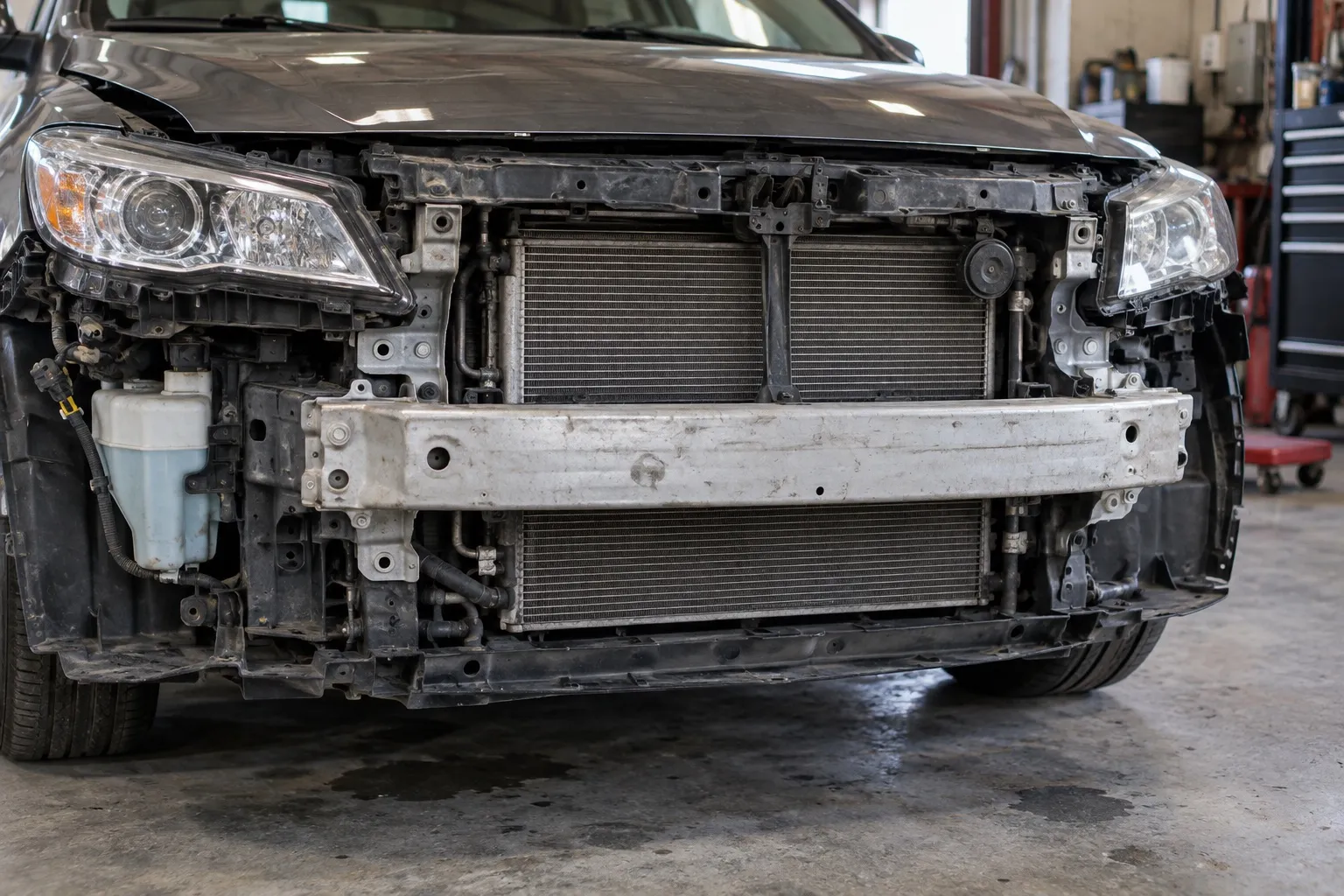 Передняя часть автомобиля со снятой облицовкой бампера при осмотре панели крепления радиаторов