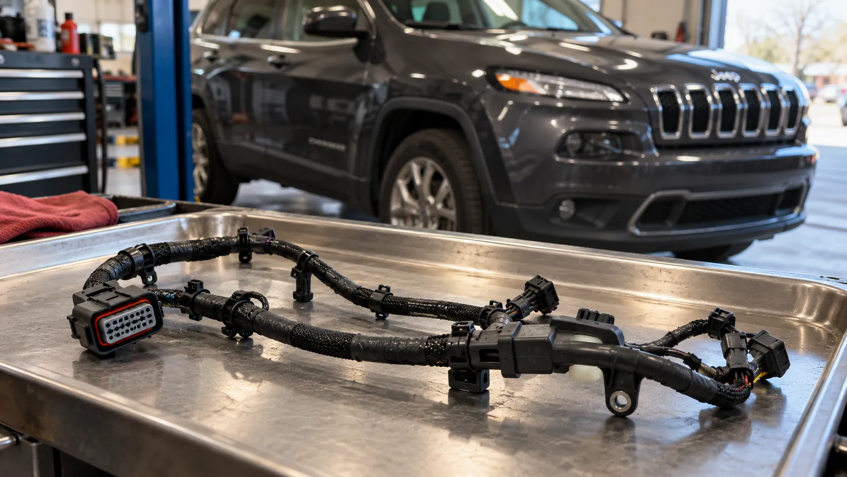 Снятый жгут проводов с разъёмами на подносе возле Jeep Cherokee