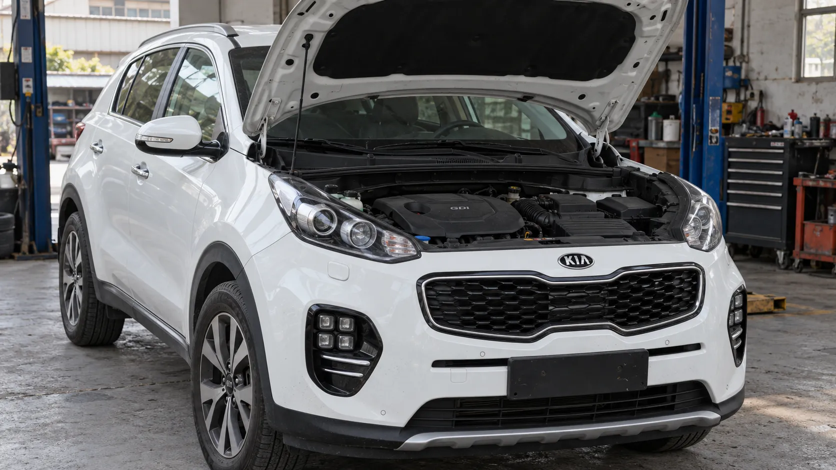 Моторный отсек Kia Sportage с открытым капотом