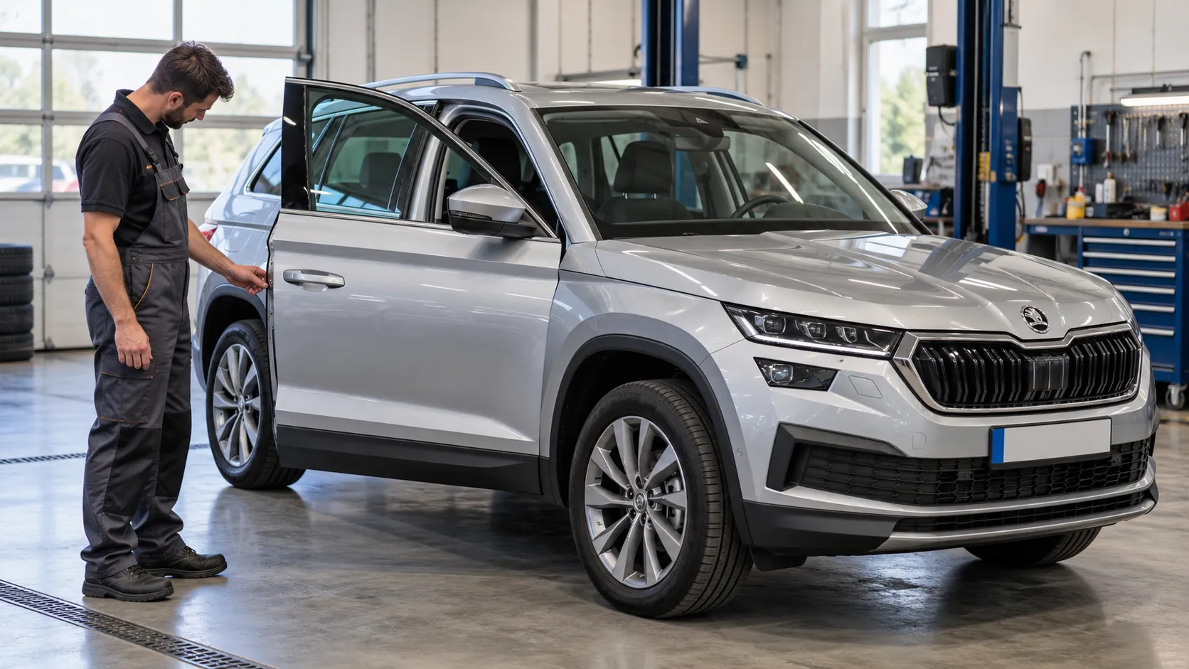 Специалист осматривает кромку открытой передней двери Škoda Kodiaq