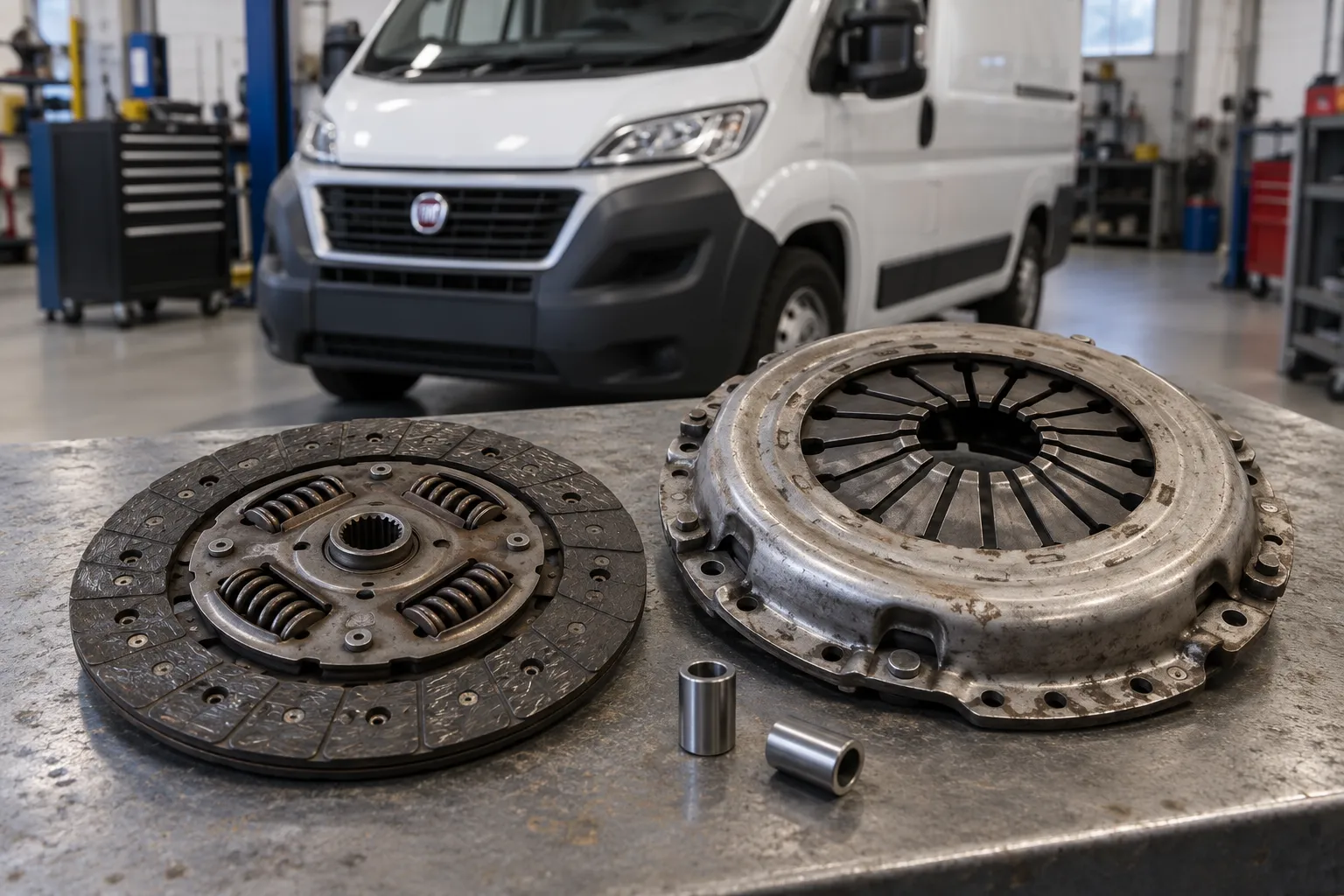 Снятые детали сцепления и центровочные втулки на столе возле Fiat Ducato