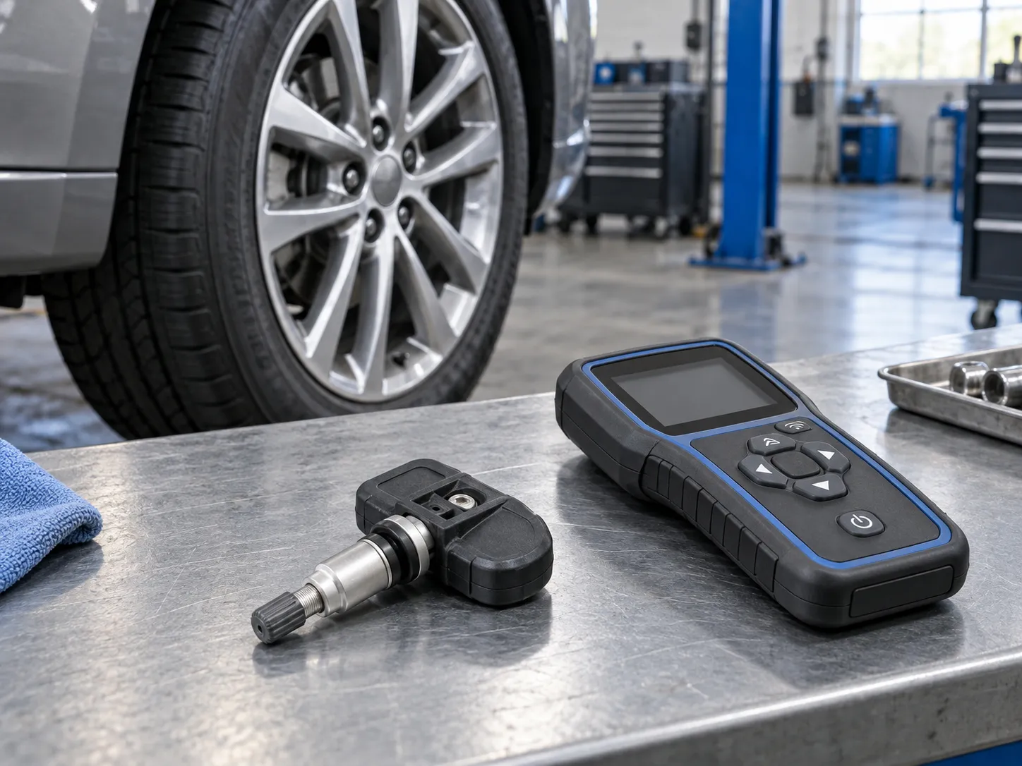 Техническая иллюстрация: колесо, датчик давления TPMS с вентилем и ручной программатор