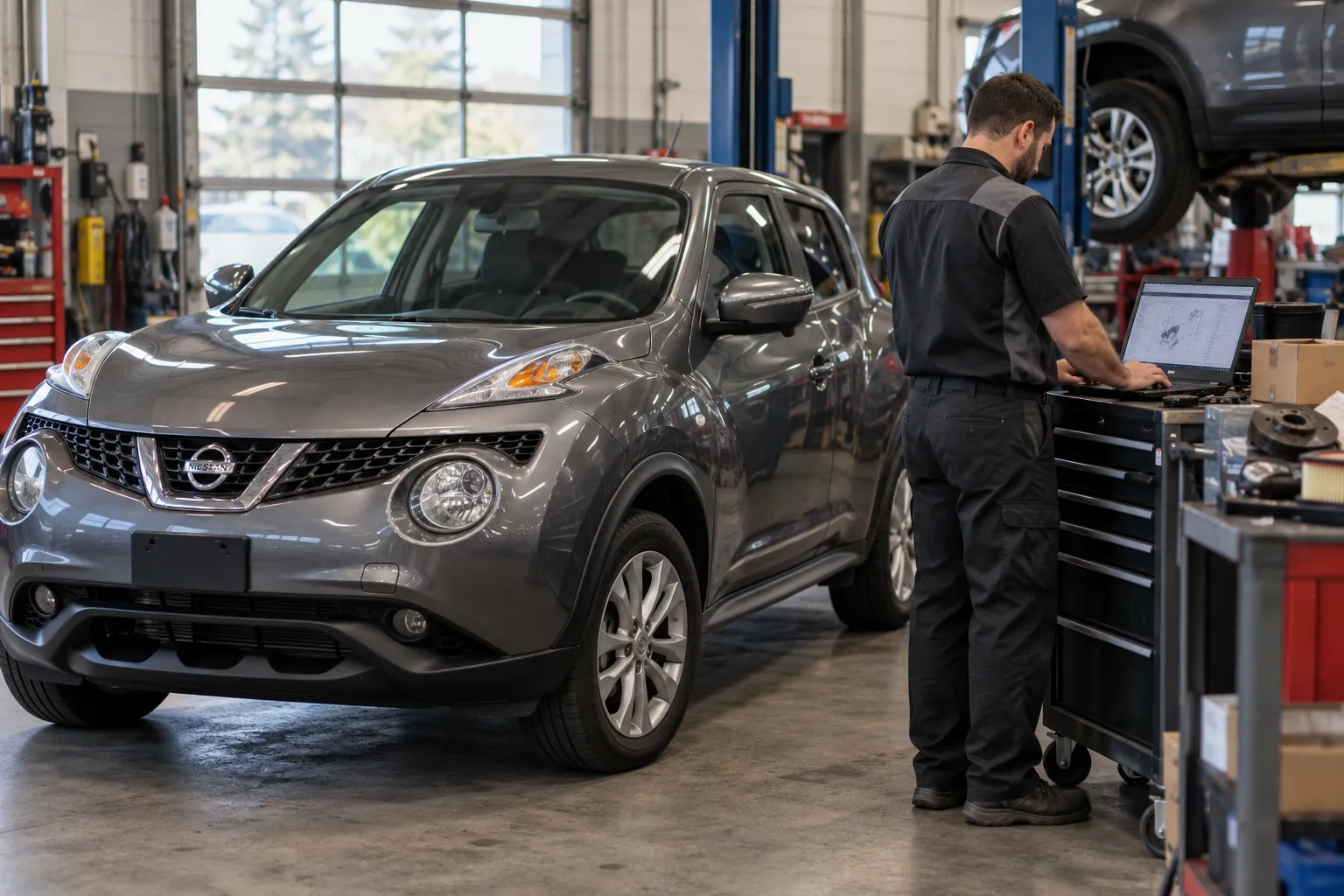 Nissan Juke рядом с мастером, изучающим техническую схему