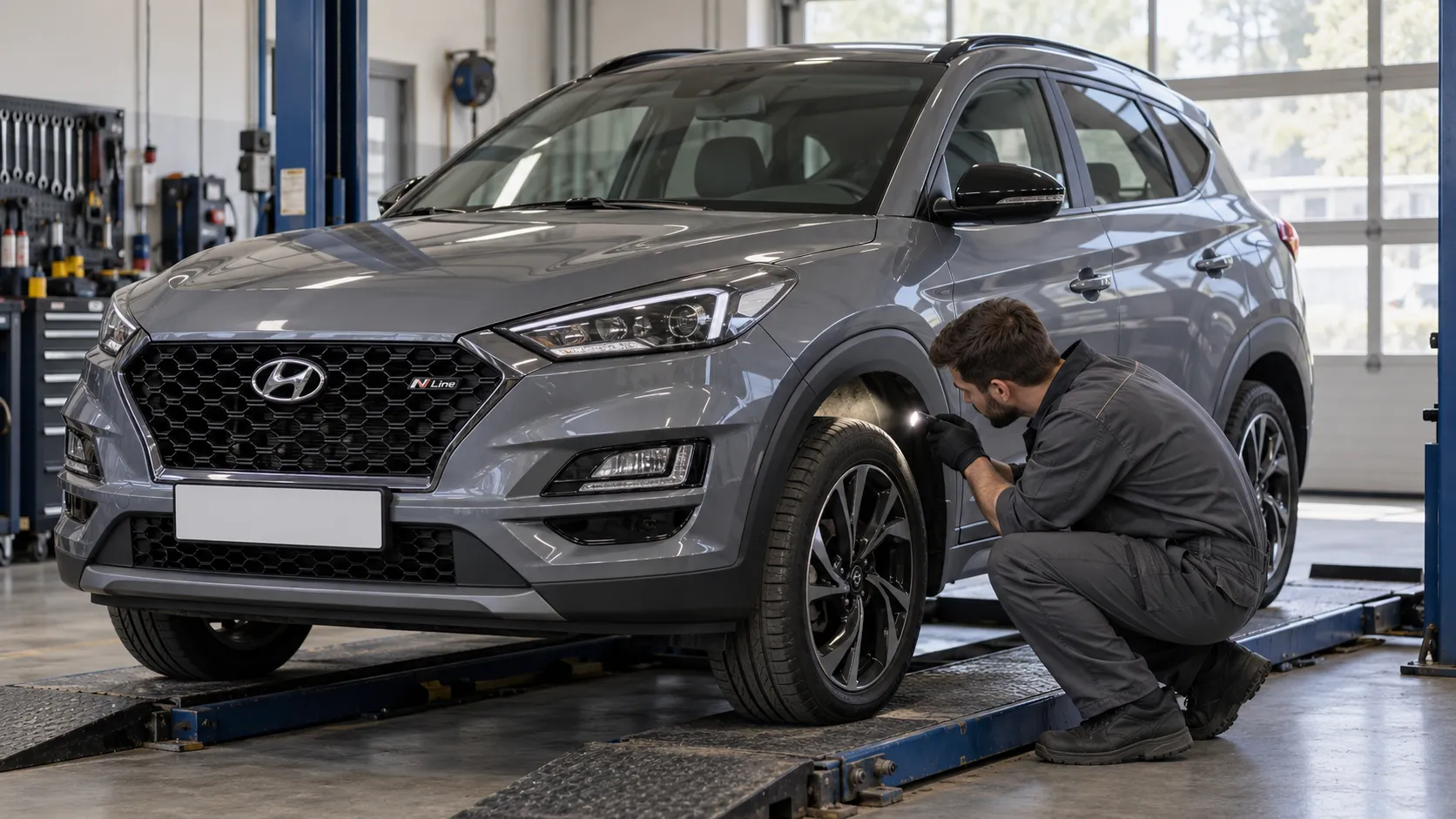 Механик осматривает колёсную арку Hyundai Tucson TL N Line с фонарём