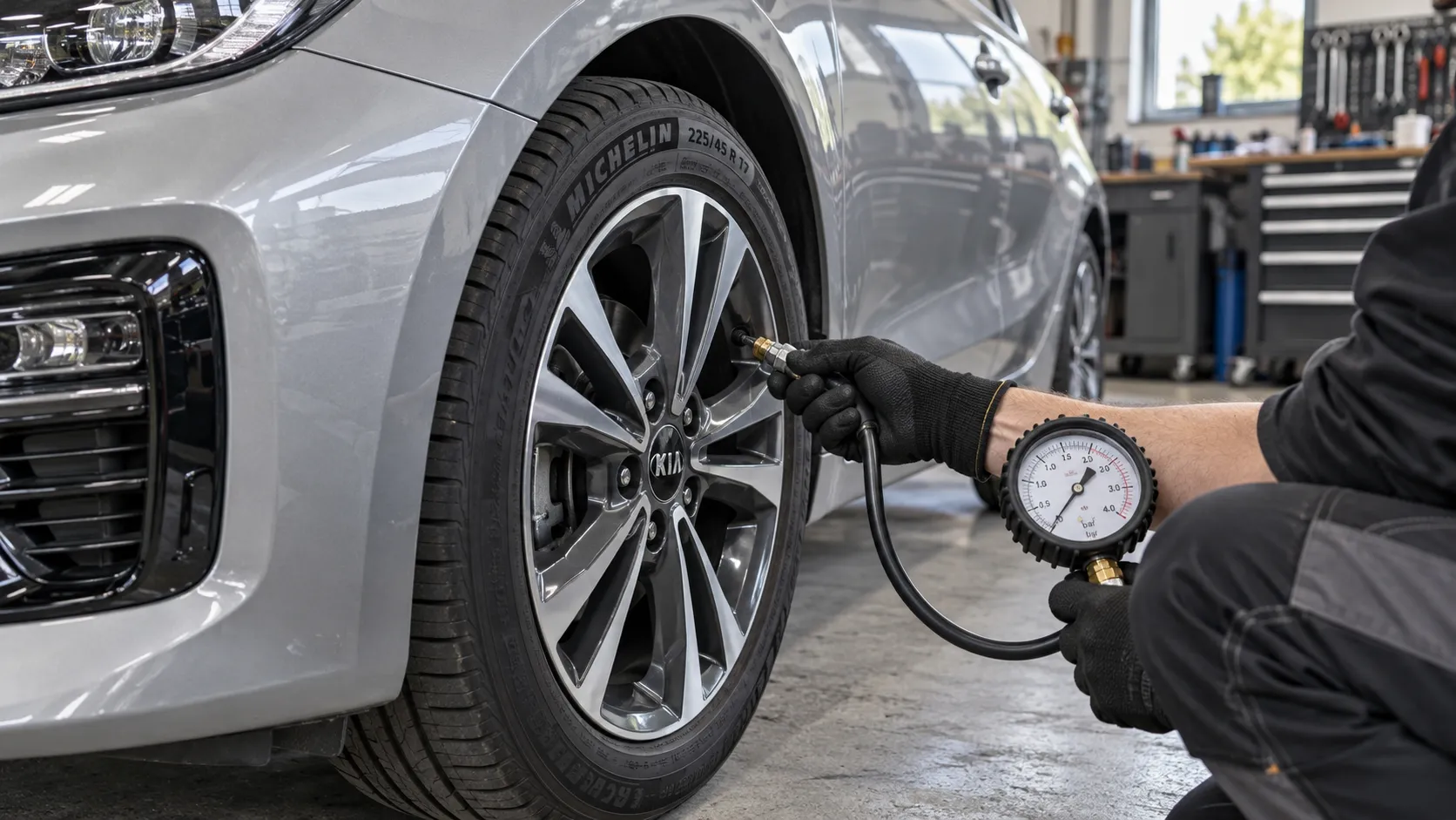 Проверка давления в шине серебристого Kia Ceed