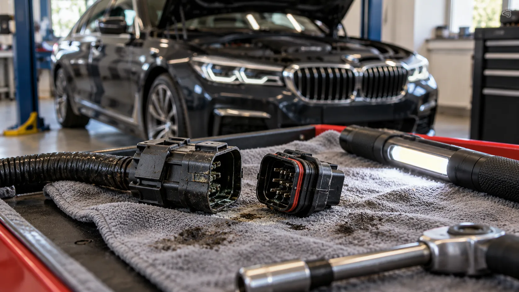 Осмотр загрязнённого электрического разъёма рядом с BMW