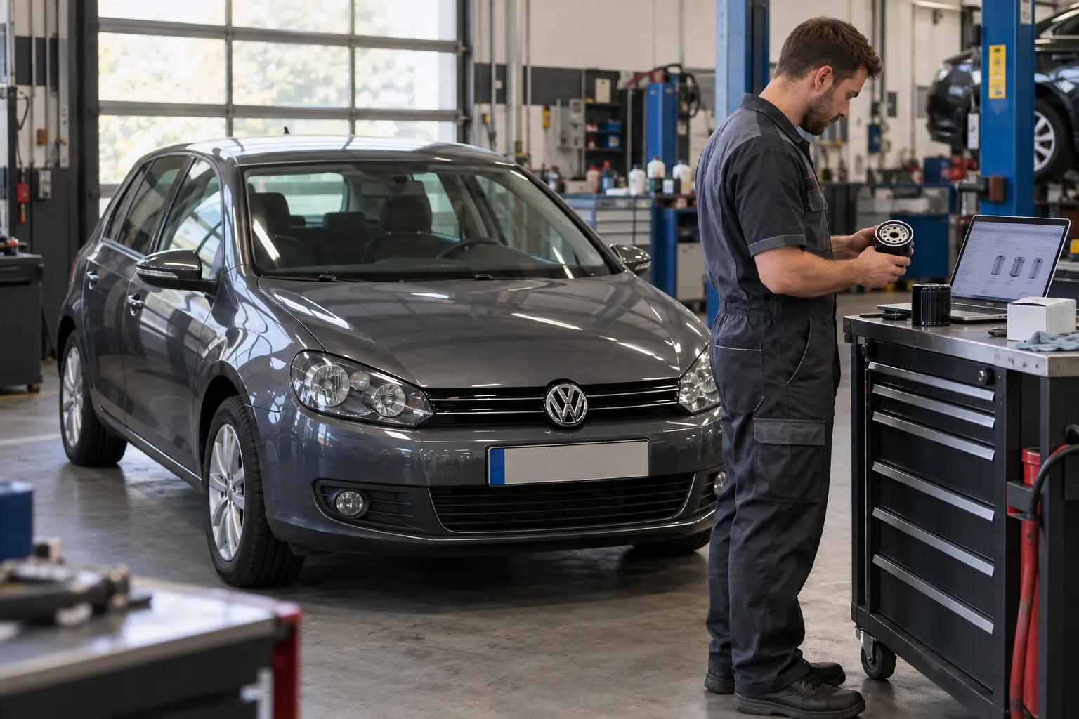 Мастер сверяет масляный фильтр с каталогом рядом с Volkswagen