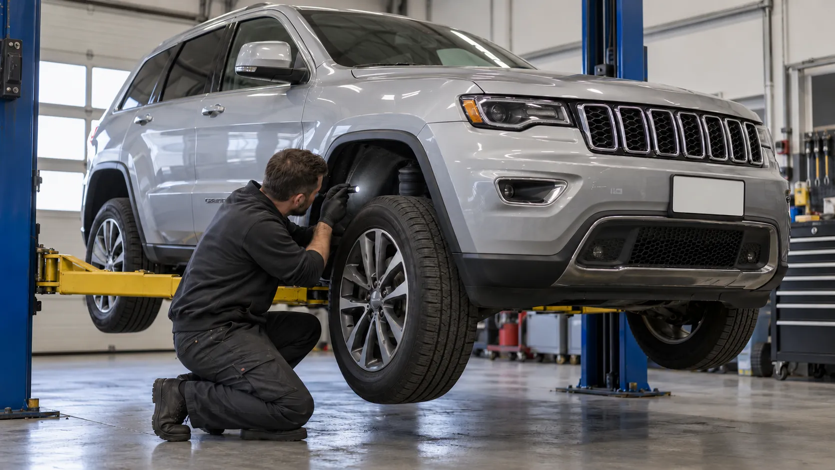 Осмотр подкрылка передней колёсной арки Jeep Grand Cherokee WK2 на подъёмнике
