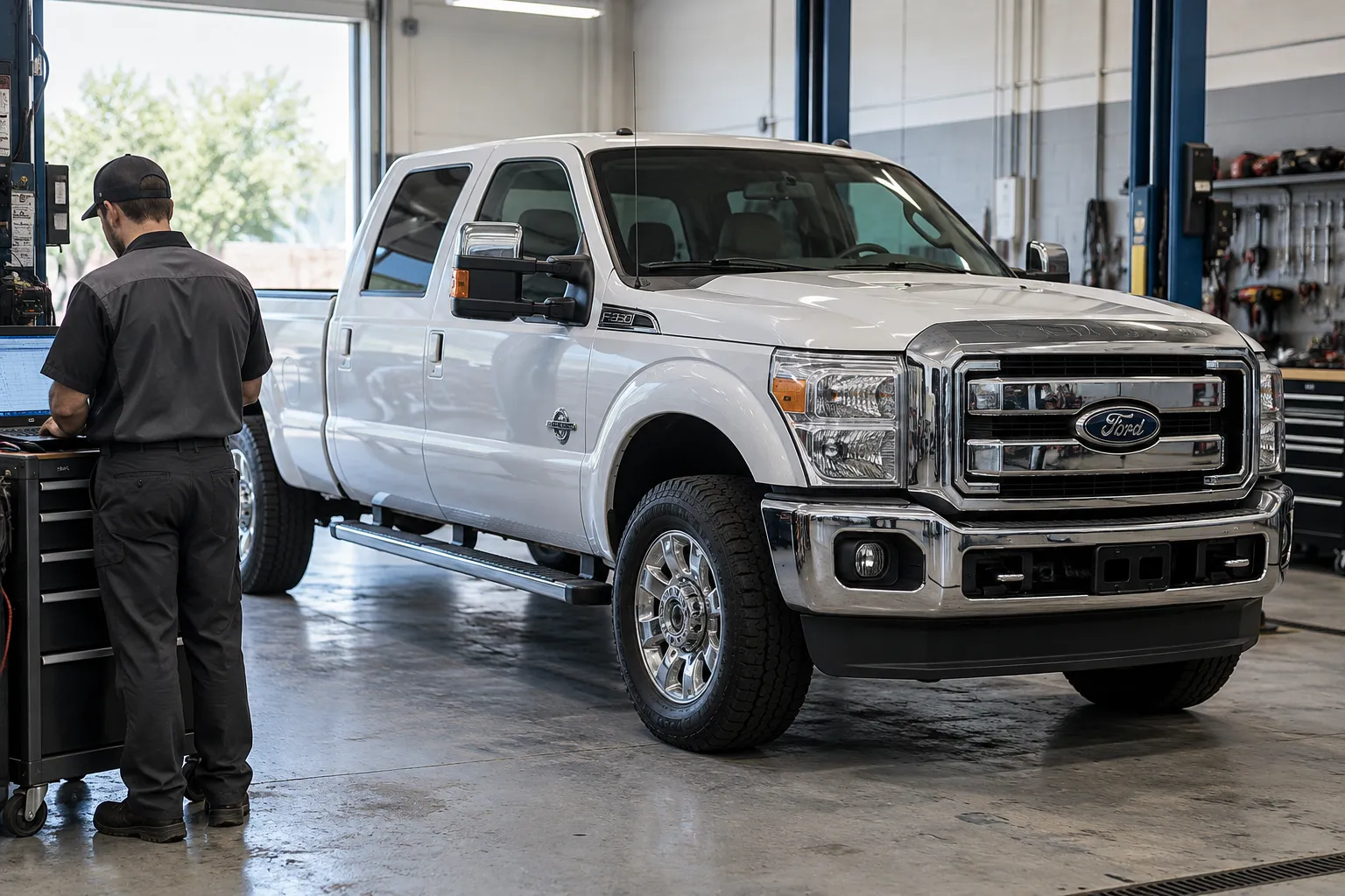 Ford Super Duty в мастерской перед диагностикой трансмиссии