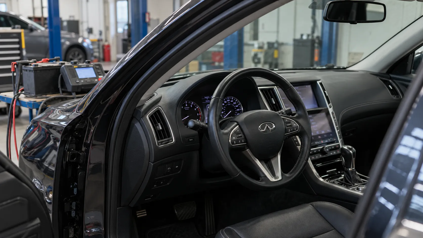Рулевое колесо Infiniti и оборудование для проверки аккумулятора