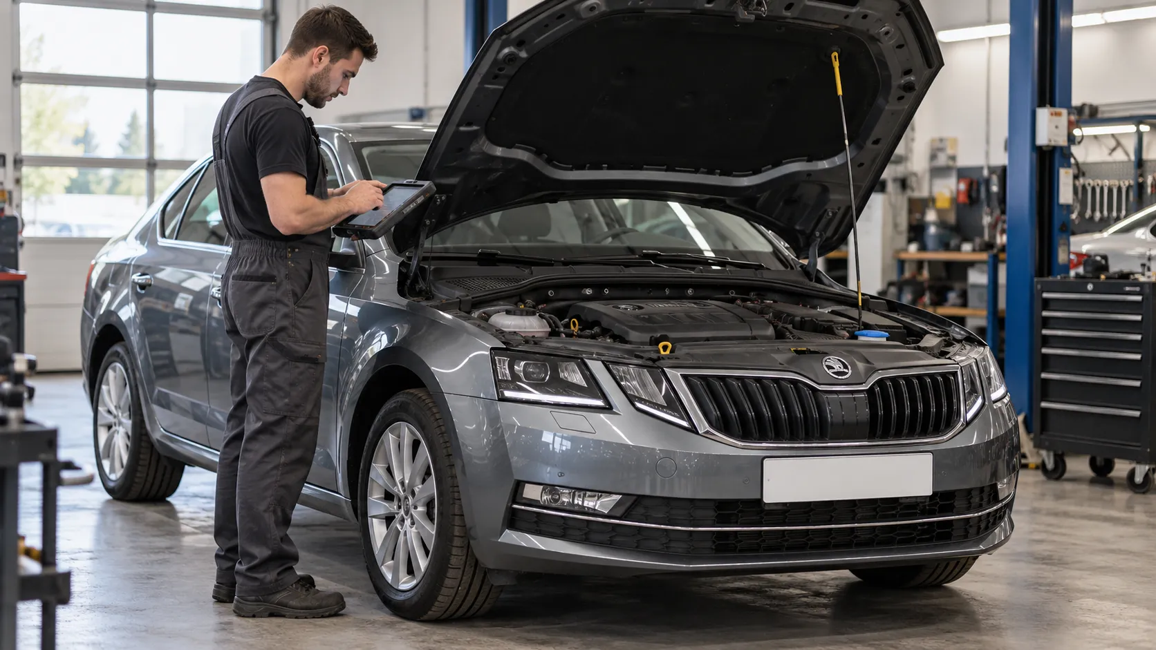 Механик с диагностическим планшетом возле открытого капота Skoda Octavia A7