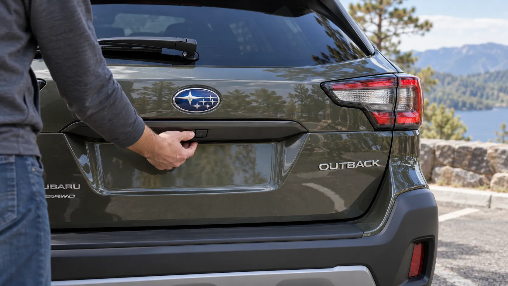 Рука владельца у кнопки закрытого багажника Subaru Outback