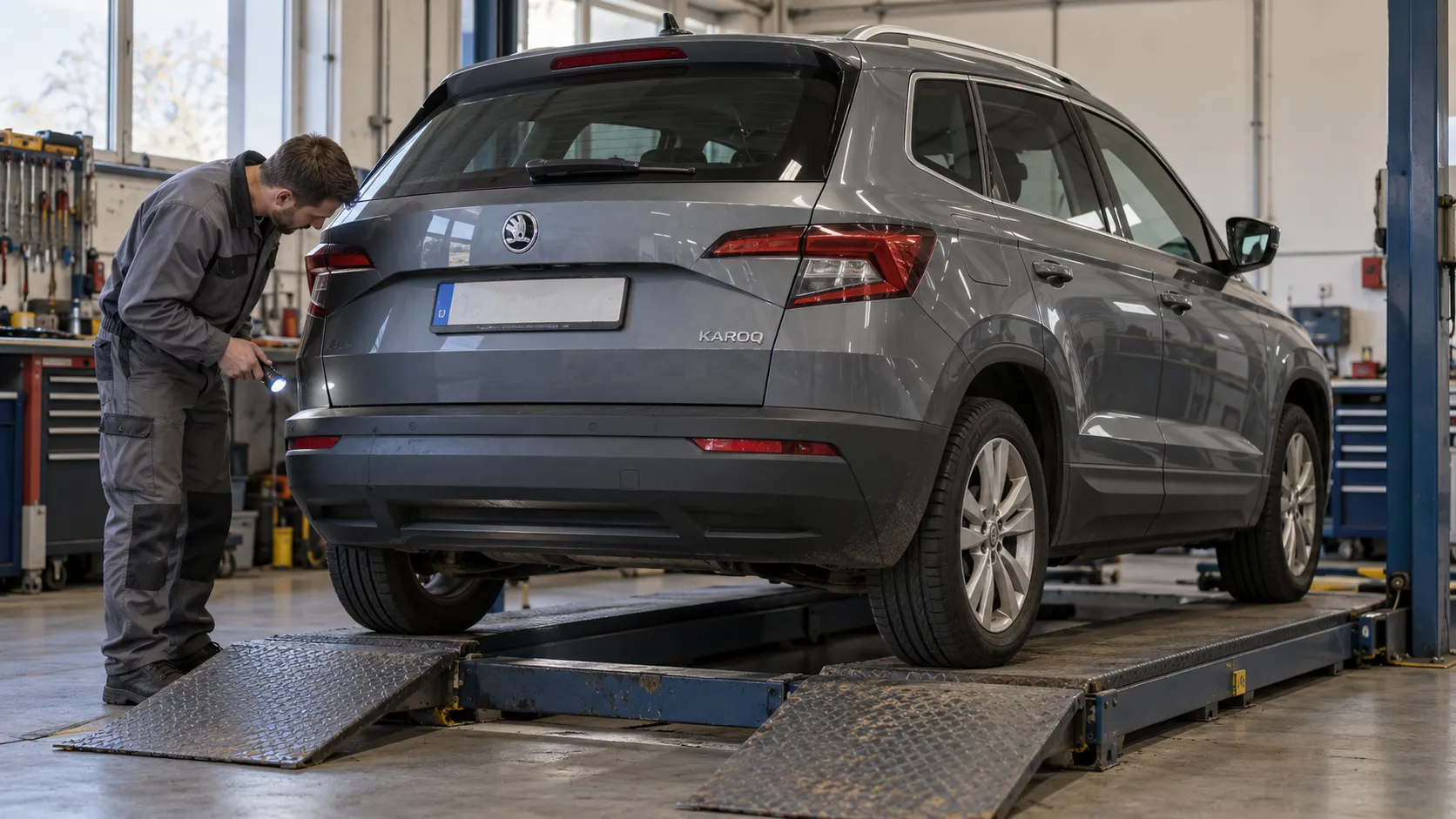 Skoda Karoq на посту подготовки к осмотру задней подвески
