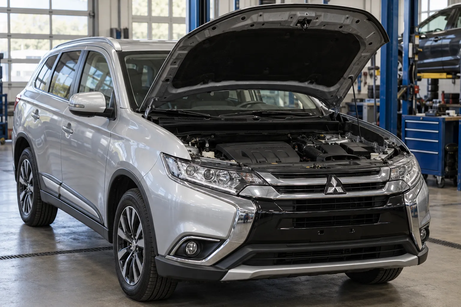 Mitsubishi Outlander III с открытым капотом на посту обслуживания трансмиссии