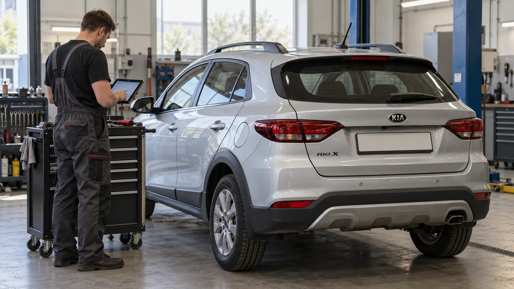 Kia Rio X в мастерской при подборе деталей системы вентиляции бака