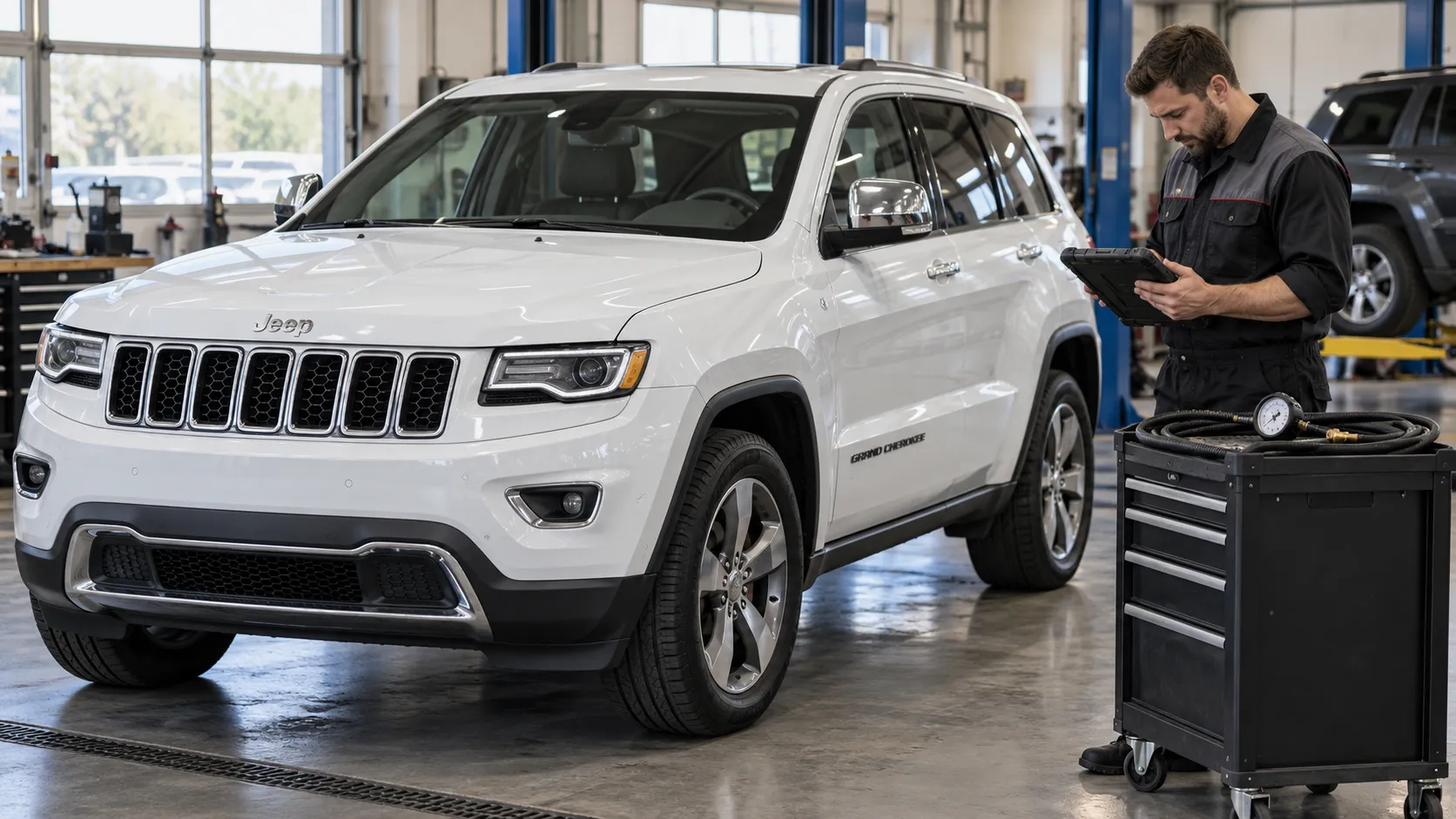 Подготовка диагностики Jeep Grand Cherokee WK2 с планшетом и манометром на сервисной тележке
