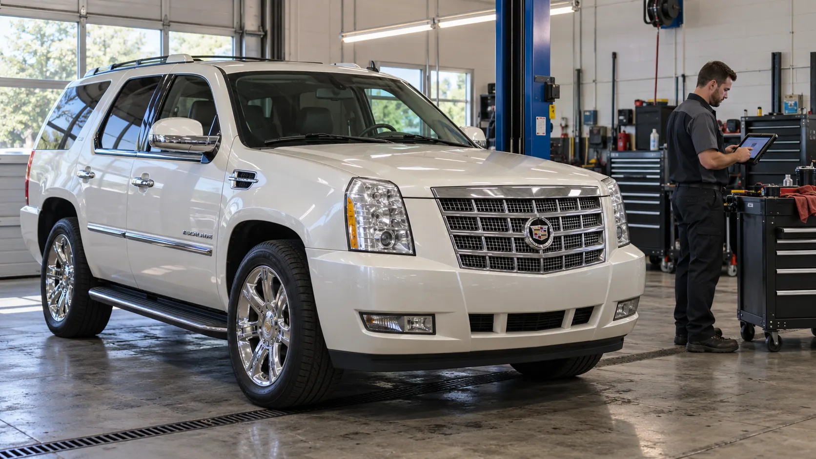 Белый Cadillac Escalade третьего поколения и диагност с планшетом в автосервисе
