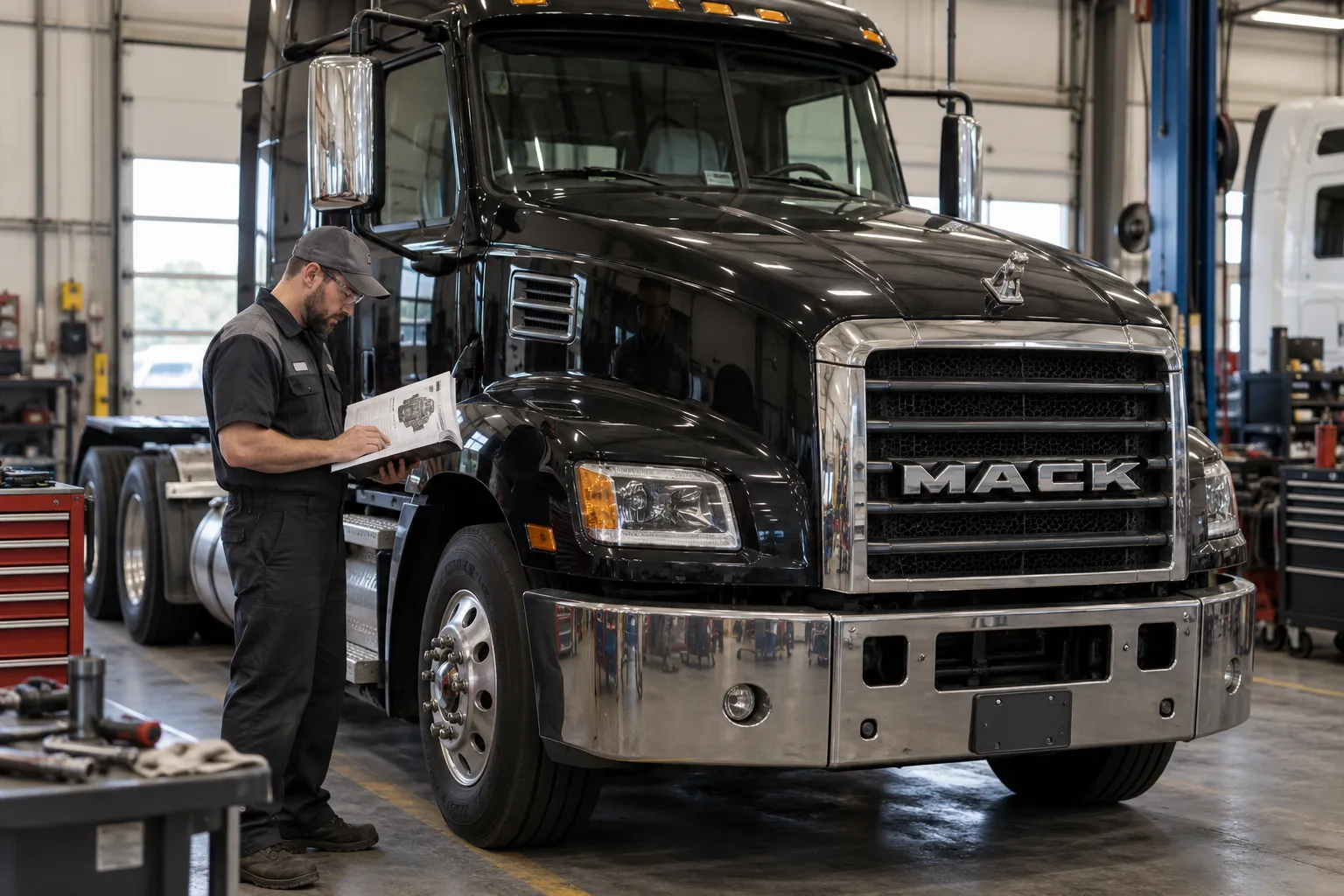Грузовик Mack в мастерской перед обслуживанием двигателя