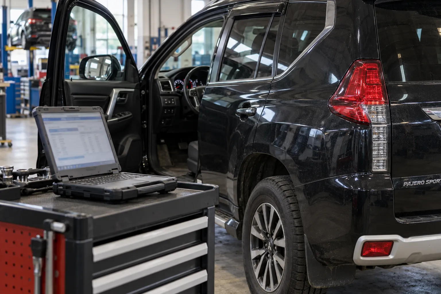 Диагностический ноутбук возле Mitsubishi Pajero Sport
