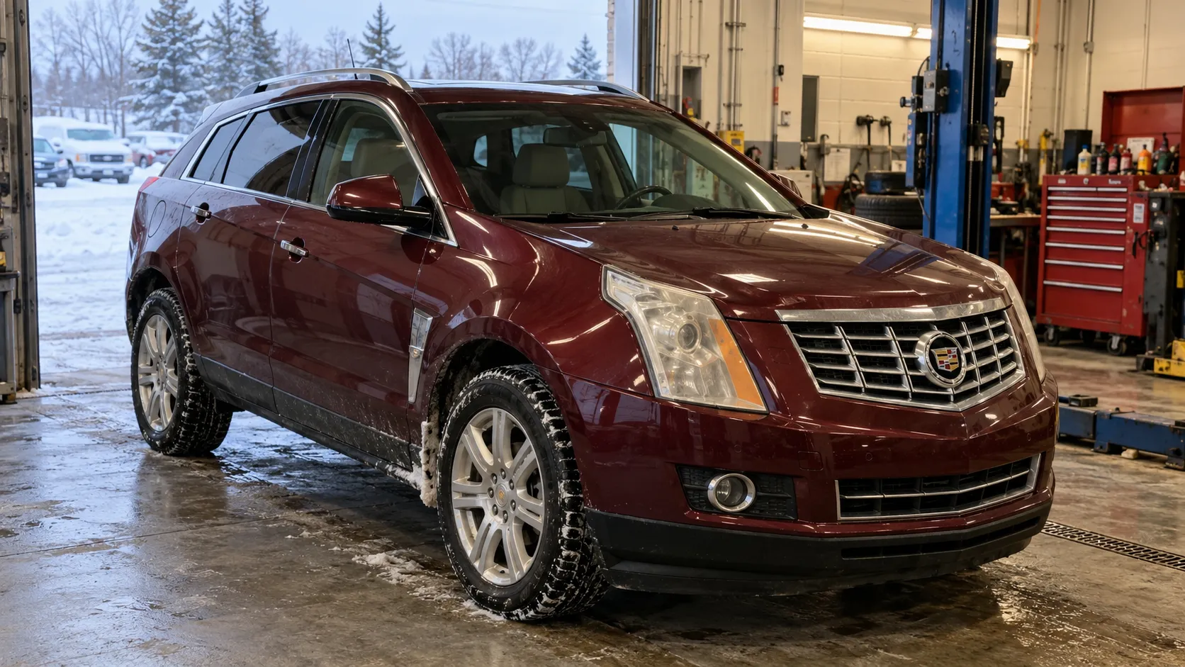 Cadillac SRX второго поколения в сервисном боксе зимой