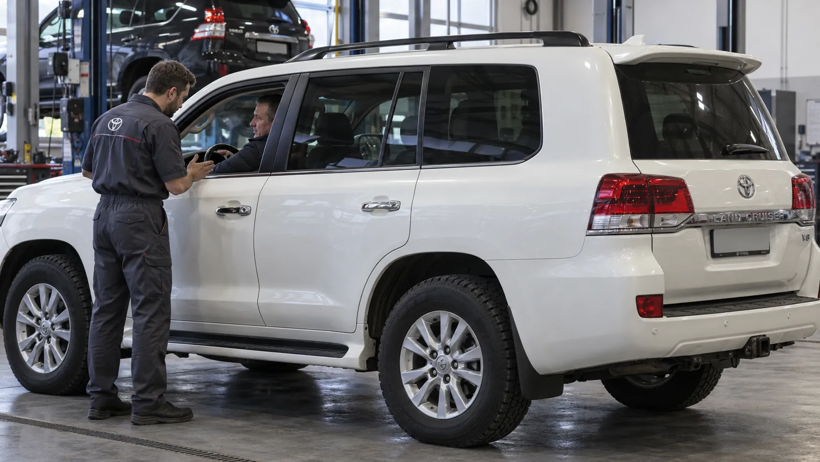 Механик обсуждает работу климата с водителем Toyota Land Cruiser 200