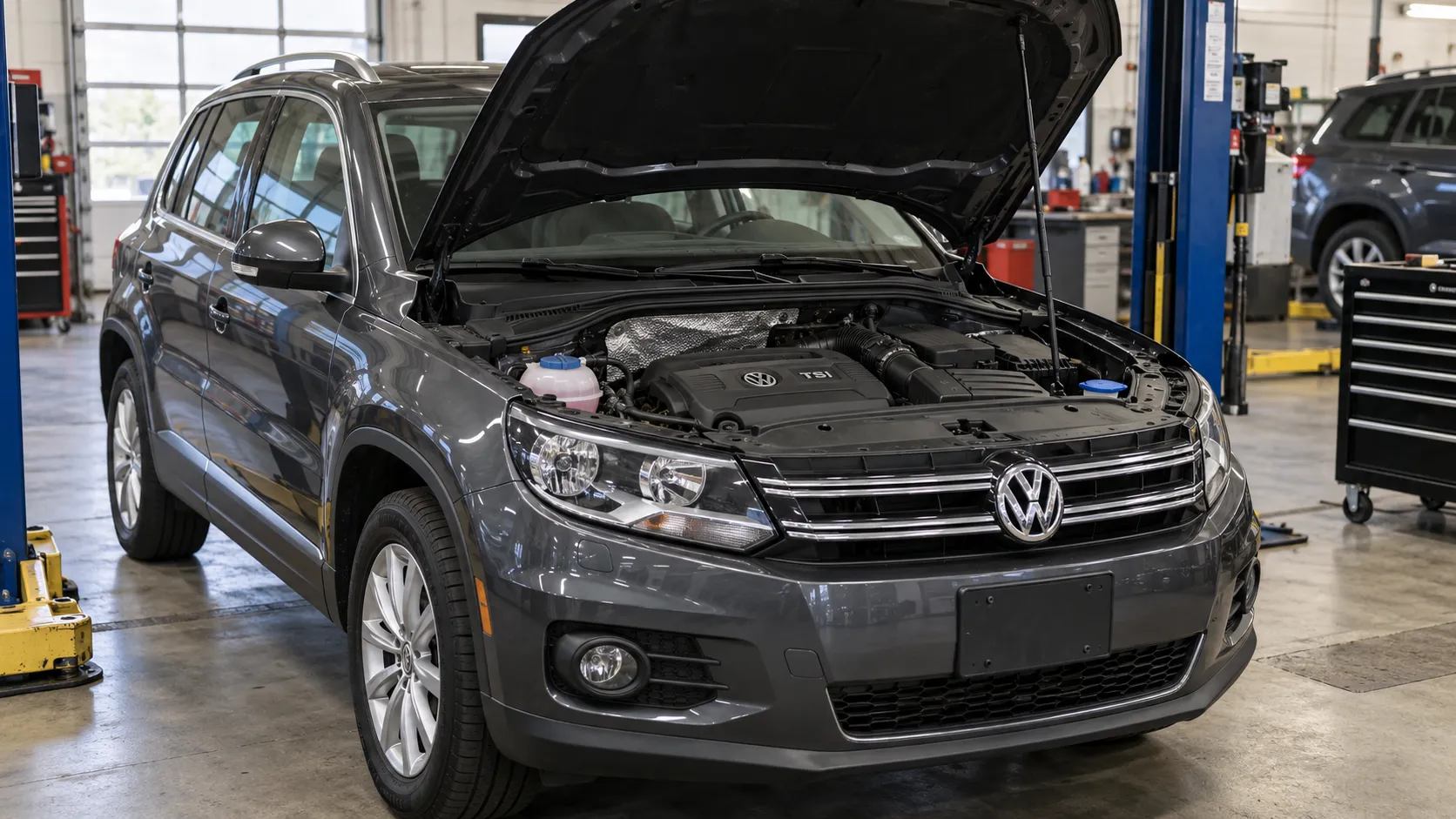 Volkswagen Tiguan с открытым капотом в мастерской