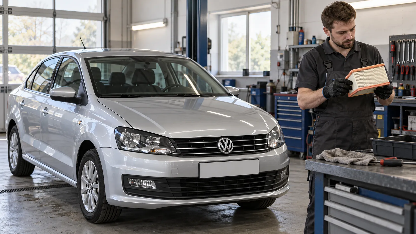 Механик осматривает воздушный фильтр рядом с Volkswagen Polo седан в мастерской