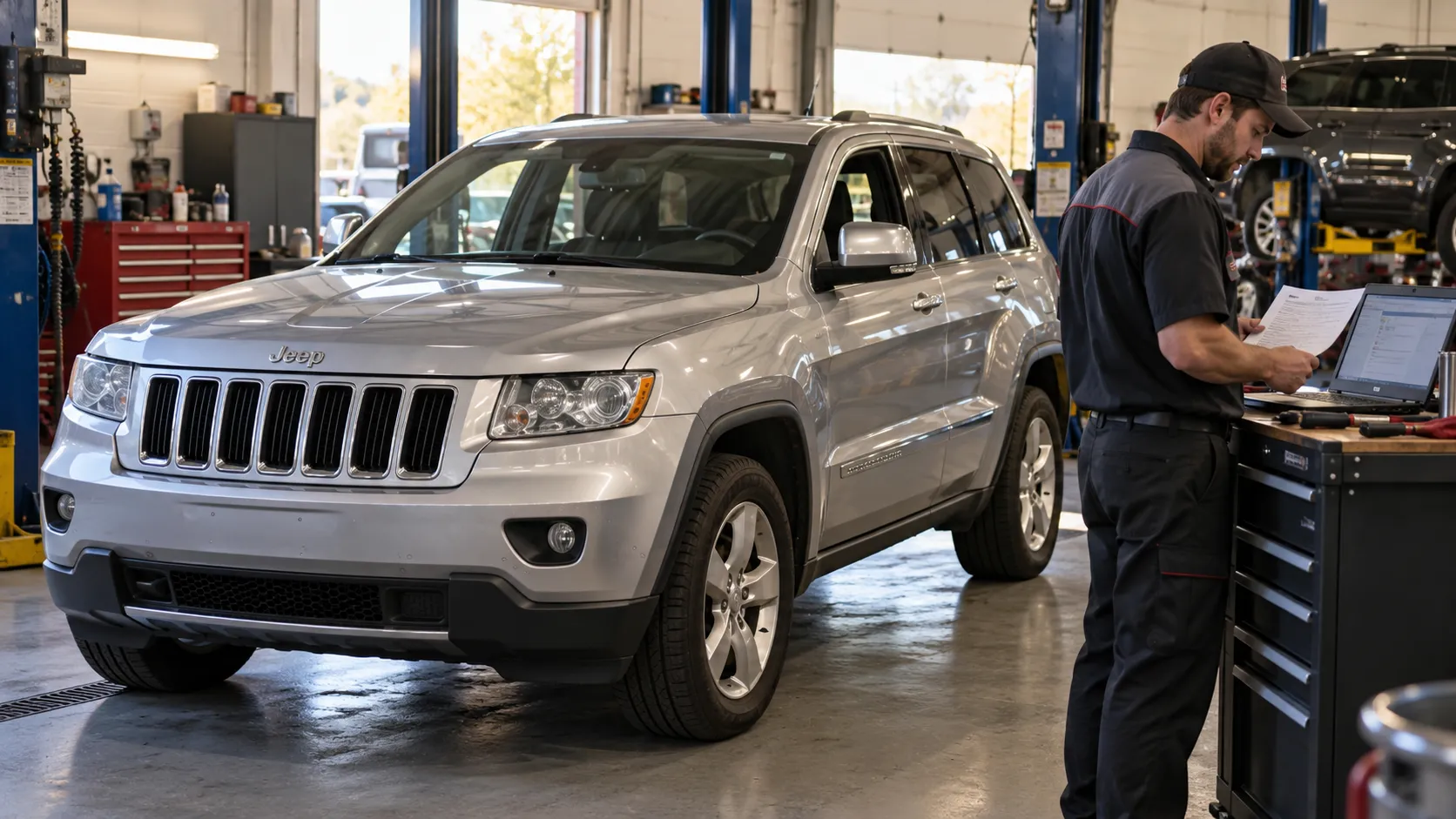 Серебристый ранний Jeep Grand Cherokee WK2 в сервисе, механик проверяет данные на ноутбуке