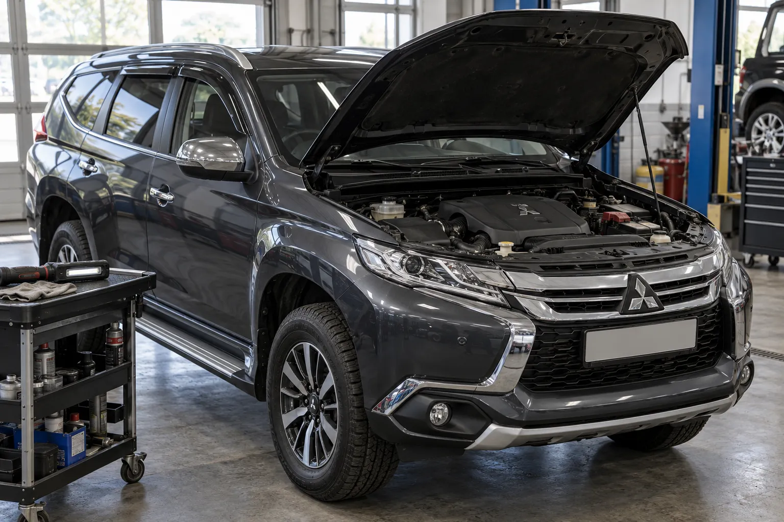 Mitsubishi Pajero Sport с открытым капотом перед диагностикой