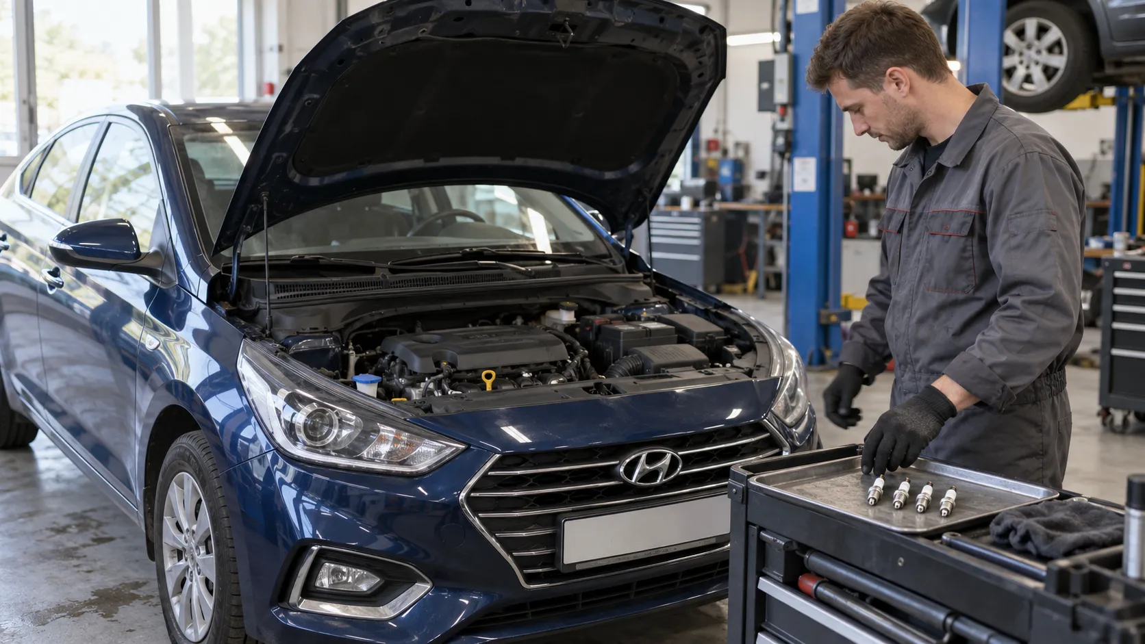 Механик подбирает свечи к двигателю Hyundai Solaris второго поколения