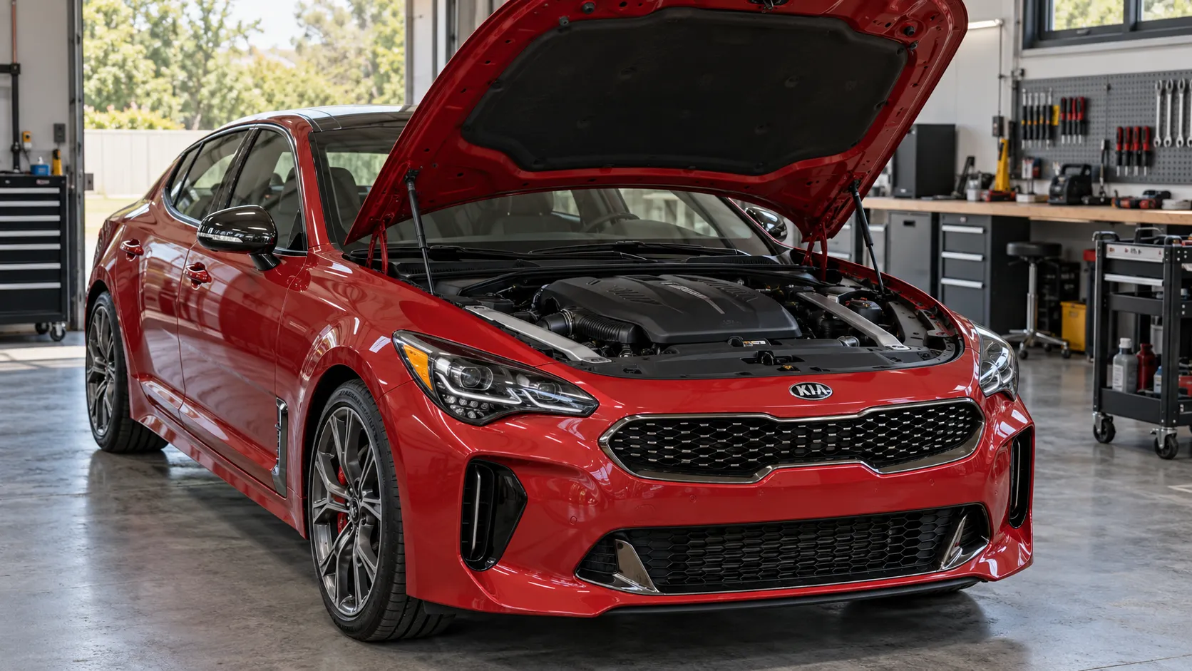 Kia Stinger с открытым капотом в сервисном боксе